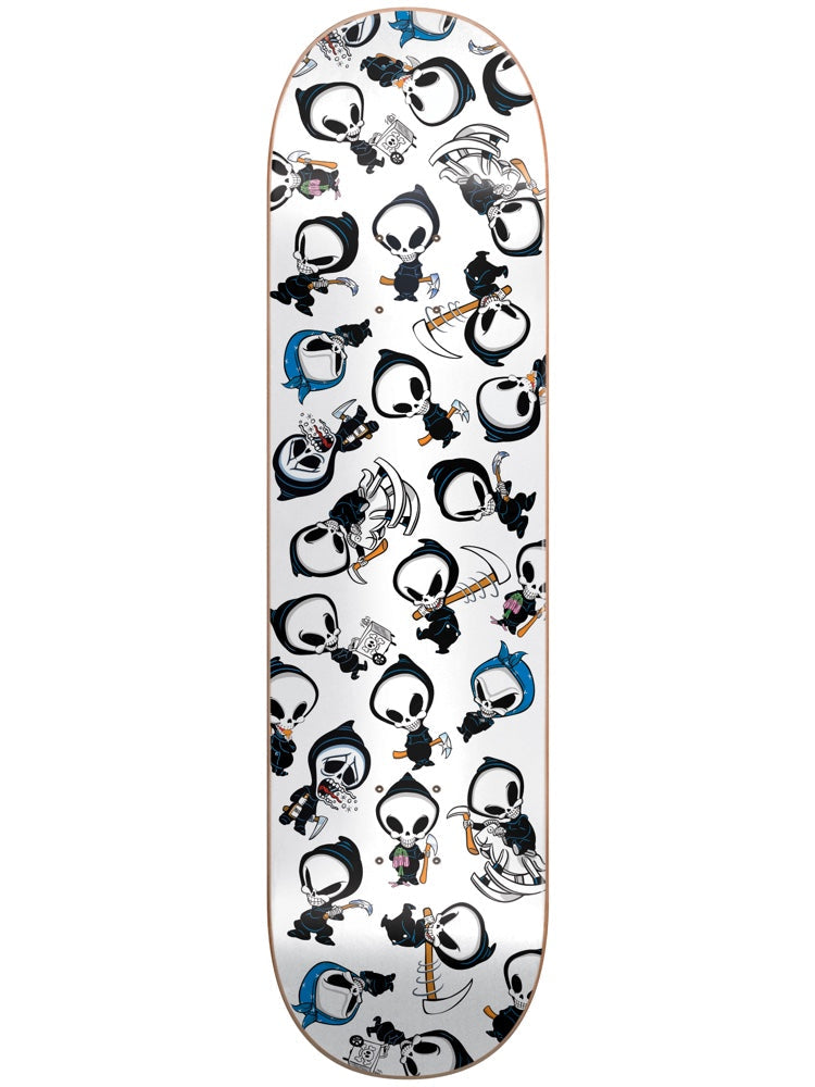 Blind Reaper Wallaper RHM 7.75 skateboard deck: All-over repeating pattern of cartoon baby grim reapers in black hoods with skull faces, some holding scythes, with a few wearing blue bandanas, scattered across a white deck.