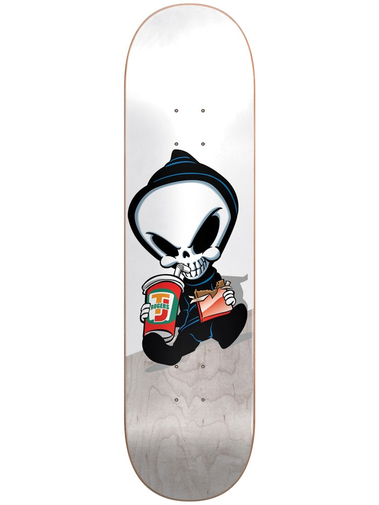 Blind TJ Reaper Munchies R7 8.375 skateboard deck: Cartoon baby reaper in a black hood sitting down, sipping a soft drink cup marked TJ Rogers and eating a chocolate bar, on a white upper deck over grey wood-grain.