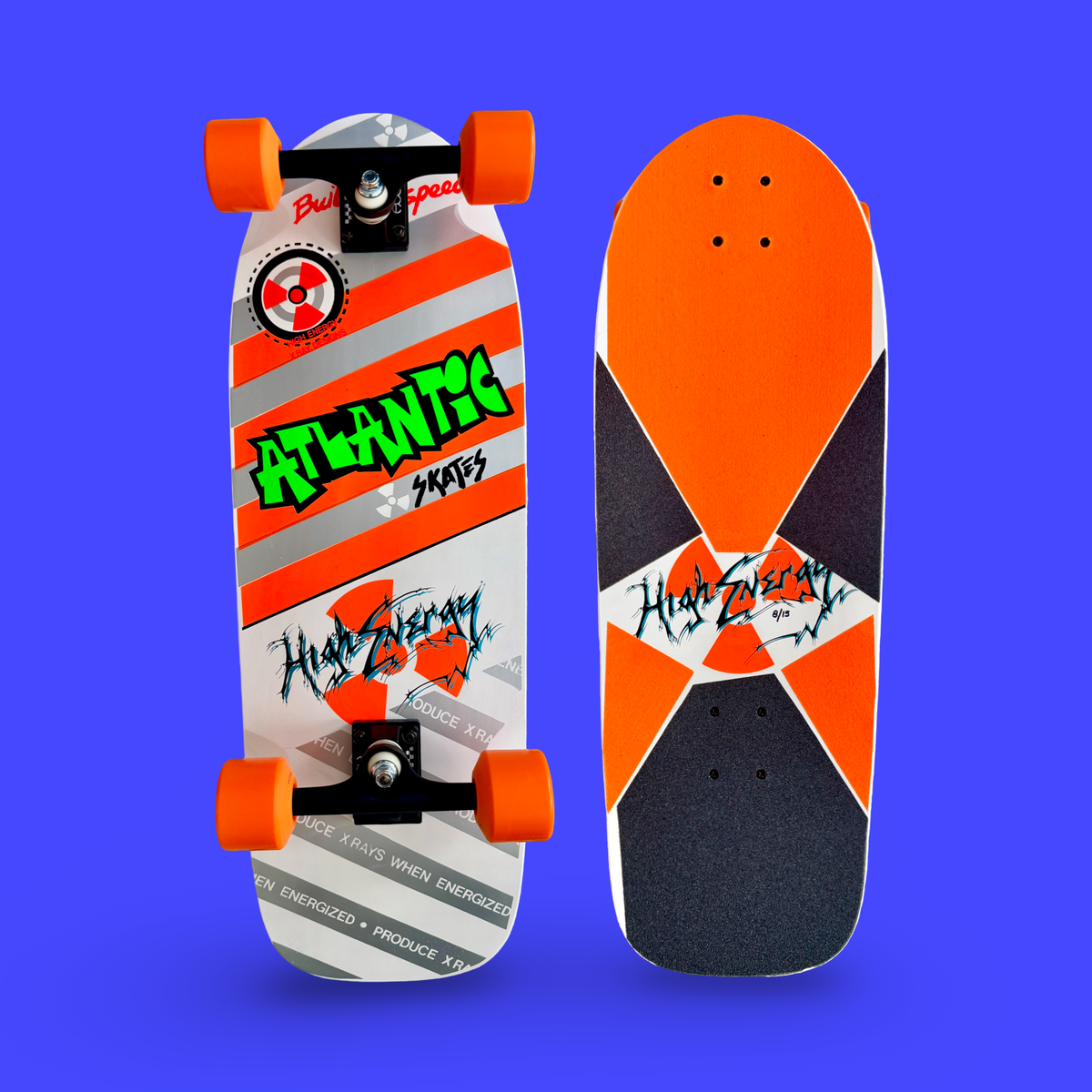 Brand-X Atlantic Radioactive (Dorsey Truitt Tribute) skateboard deck: Complete board with orange wheels and a white deck with orange and grey diagonal stripes, a radiation symbol, green graffiti Atlantic Skates lettering and High Energy script. The grip side has an orange and black X pattern.