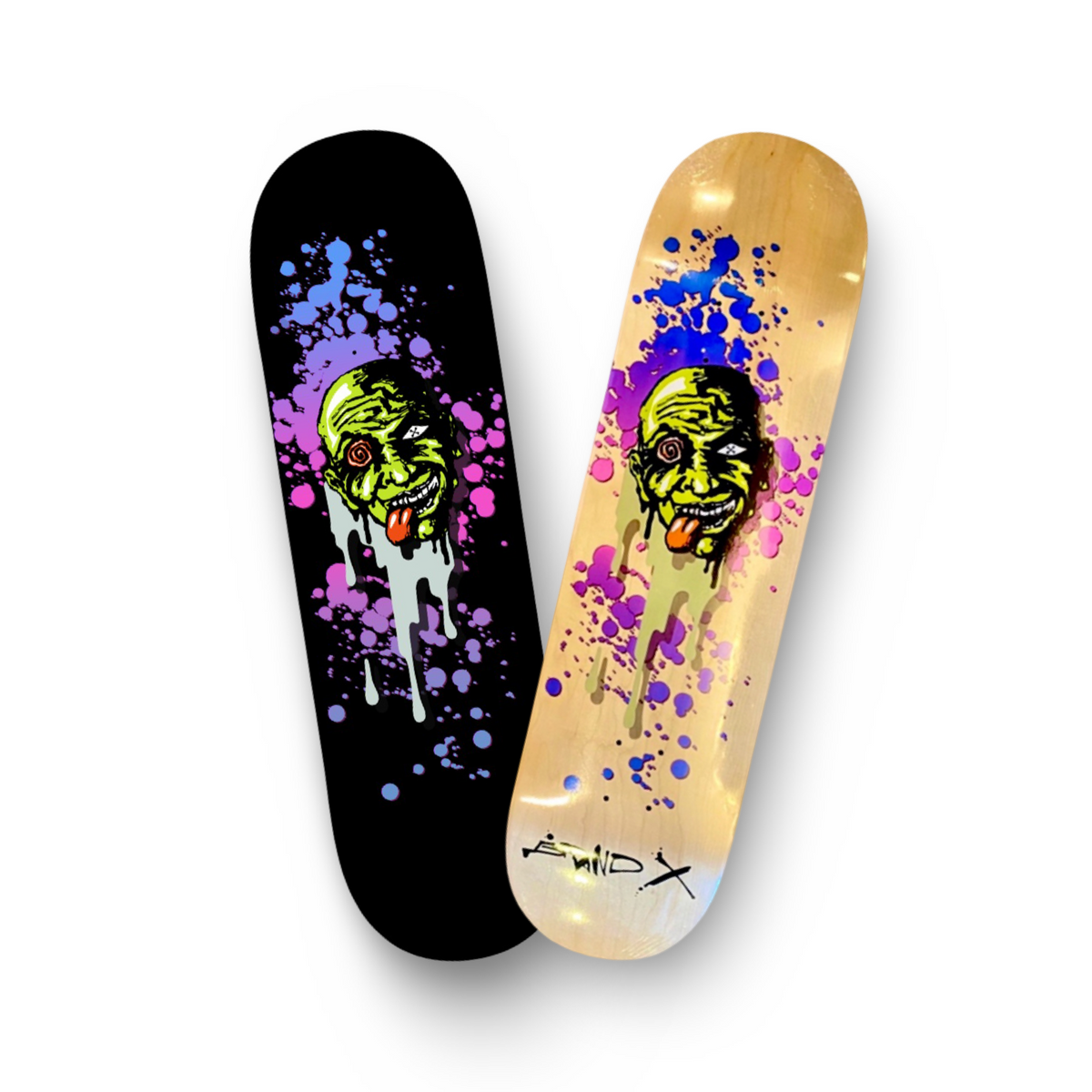 Brand-X Dogma 3 skateboard deck: Green zombie-like head with a swirled eye, a diamond-pupil eye and a lolling tongue, melting into drips amid pink, purple and blue paint splatter. Shown as a black deck and a natural wood deck side by side.
