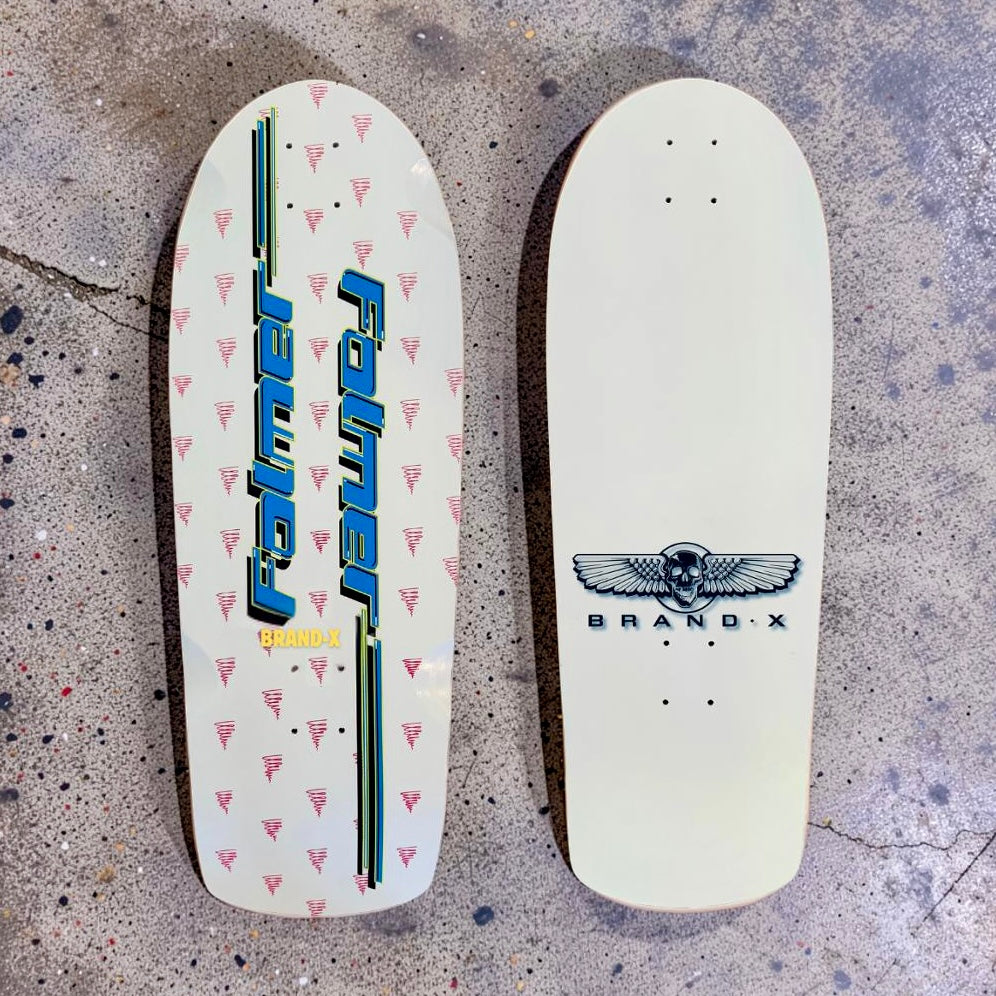 Brand-X Mike Folmer Tornados skateboard deck: Cream old-school shaped deck with a pattern of small pink striped tornado shapes and two vertical blue and yellow Folmer logos in a retro italic style. The other deck shows a winged skull above BRAND-X.
