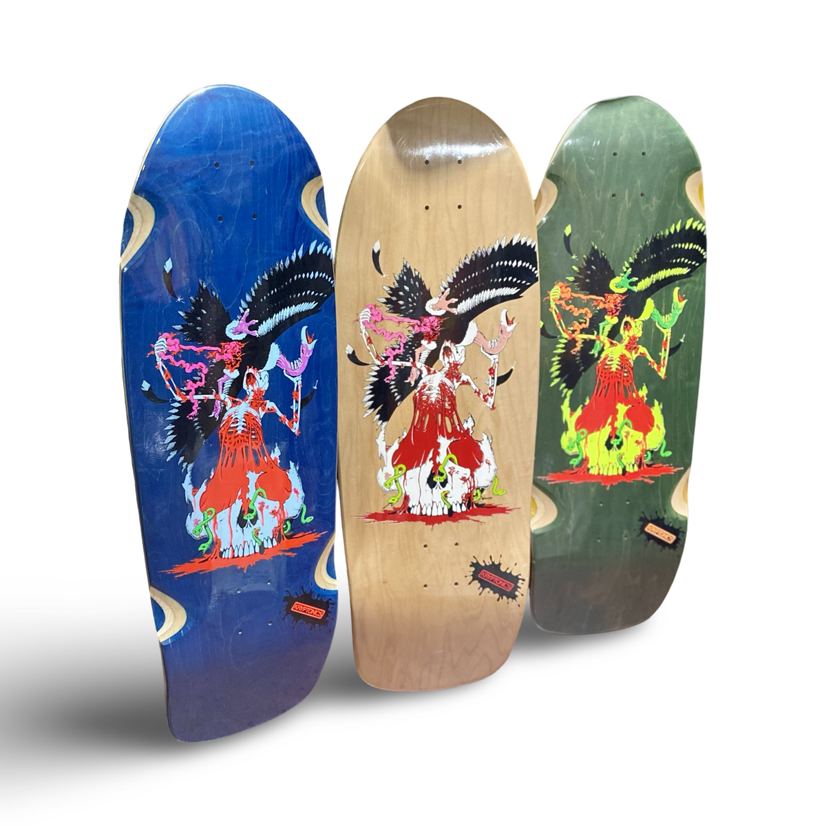 Brand-X Ripstik III Wilbur Pig skateboard deck: Old-school shaped deck showing a skeletal figure in a red robe rising from a skull wreathed in flames, with large black wings and pink and purple tendrils. Shown in blue, natural and green stains.
