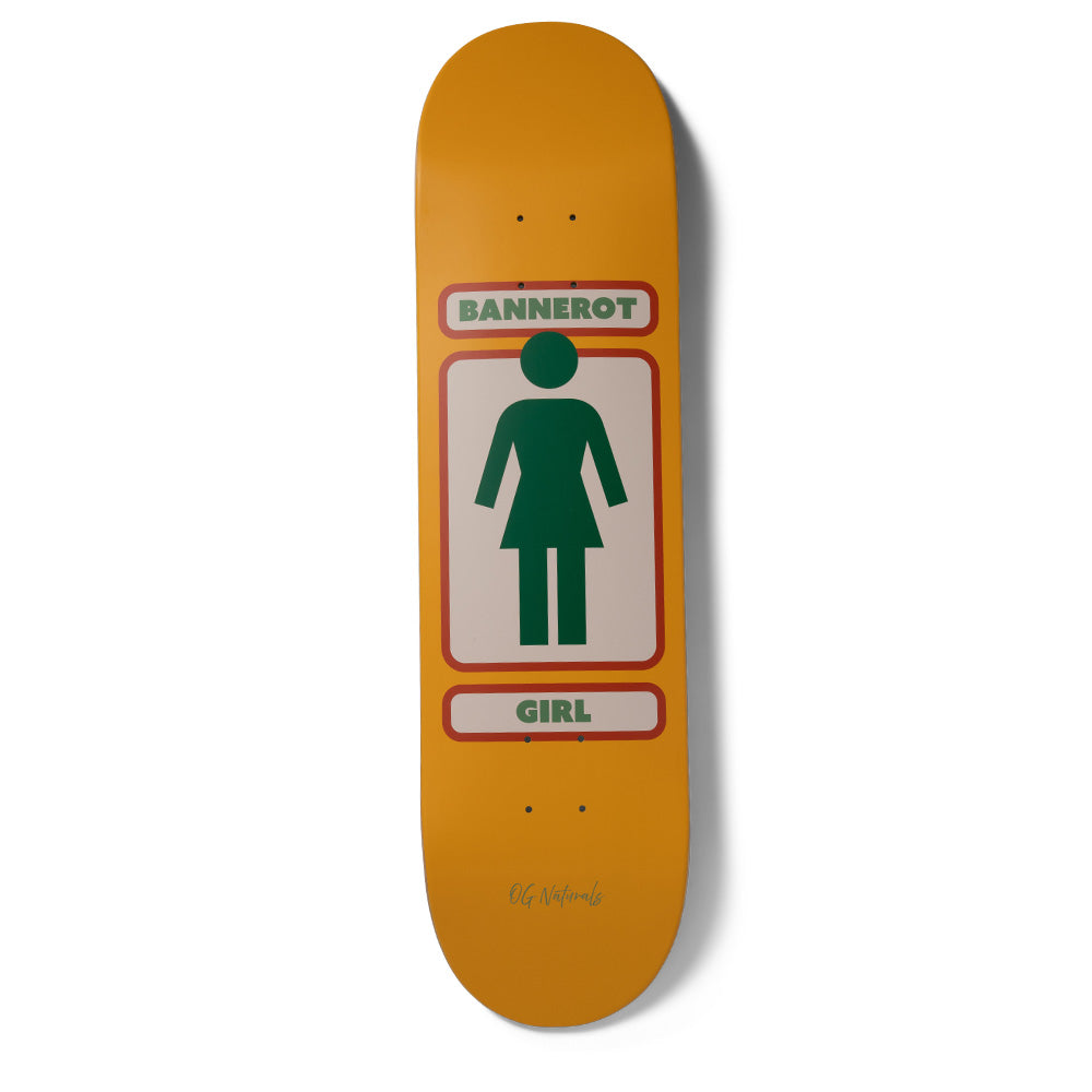 Girl Bannerot 93 Naturals skateboard deck: Girl logo in green: a female pictogram in a cream panel with red border, with rider name in a bar above and GIRL in a bar below. Plain mustard yellow deck with small script text at the tail.