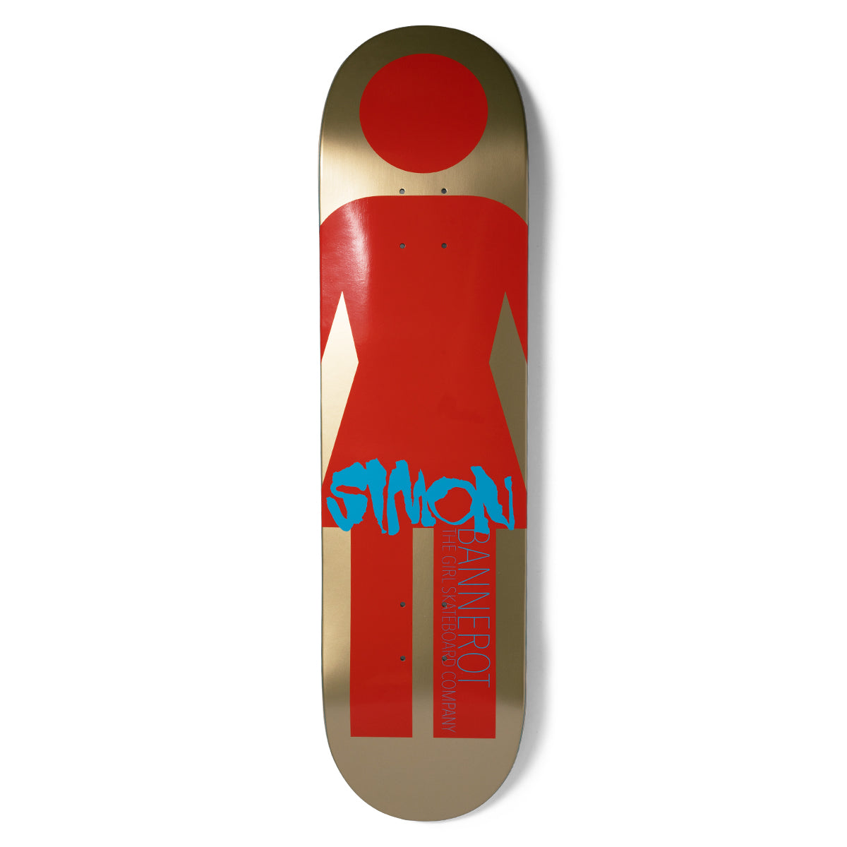 Girl Bannerot Giant Metal OG skateboard deck: Oversized red Girl figure logo filling the deck on a brushed gold metallic finish, with the rider's first name scrawled in blue paint over the skirt and the surname and company line in thin vertical type.