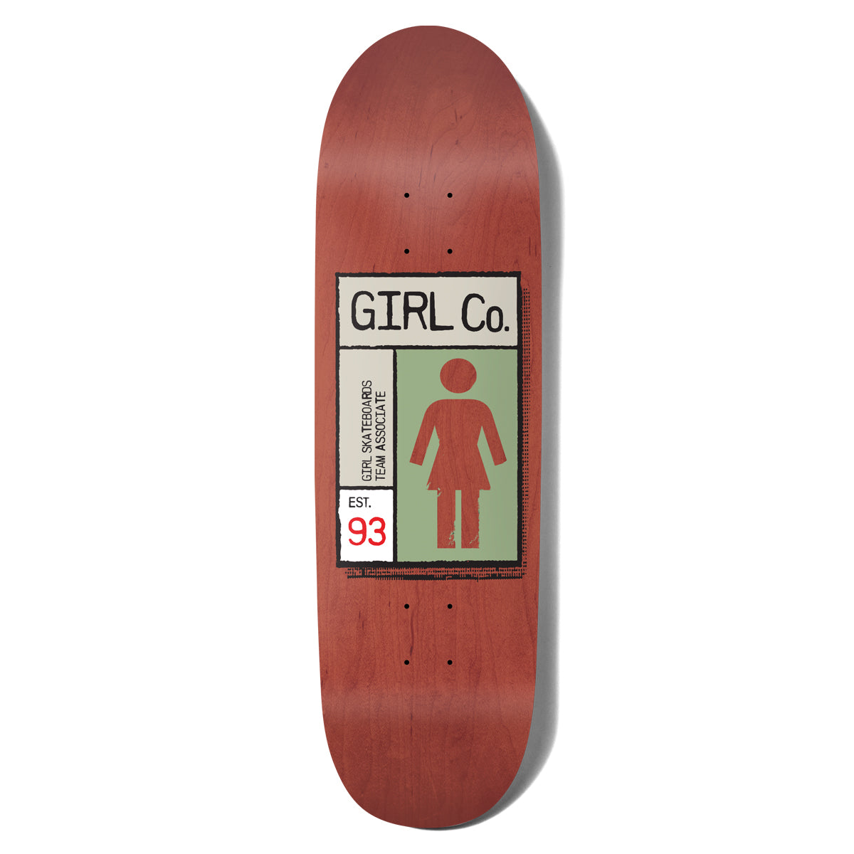 Girl Bannerot Gridbox Loveseat Plus skateboard deck: Rectangular label design in the style of a box tag, with the company name, a red-brown girl pictogram on a green panel, and an 'Est. 93' marker, printed on a red-stained wood shaped deck.