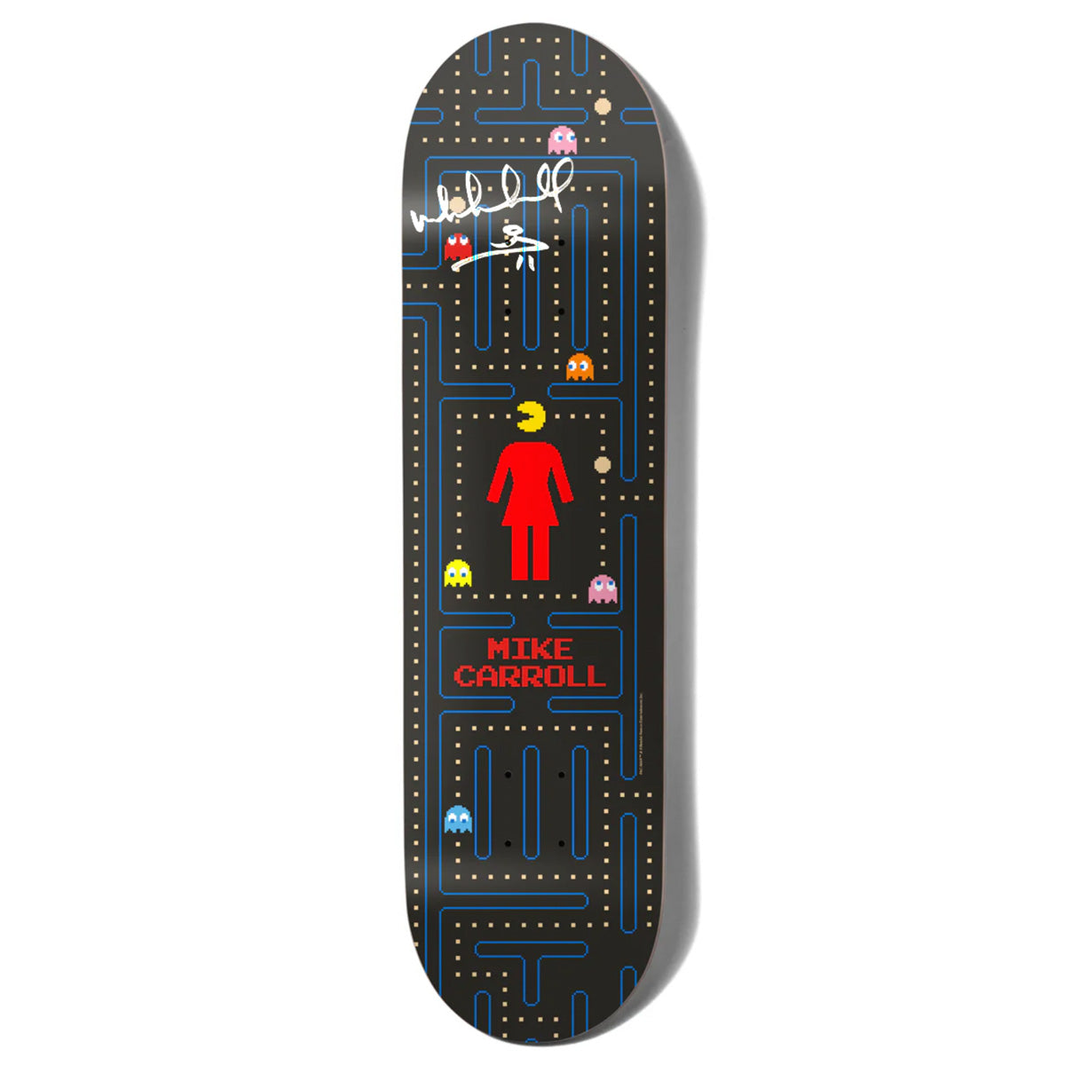 Girl Carroll Pac - Man Signed skateboard deck: Pac-Man maze in blue lines and yellow dots on black, with the red Girl logo figure in the centre, a Pac-Man chasing it and four coloured ghosts. White signature near the nose and rider name in red pixel lettering.