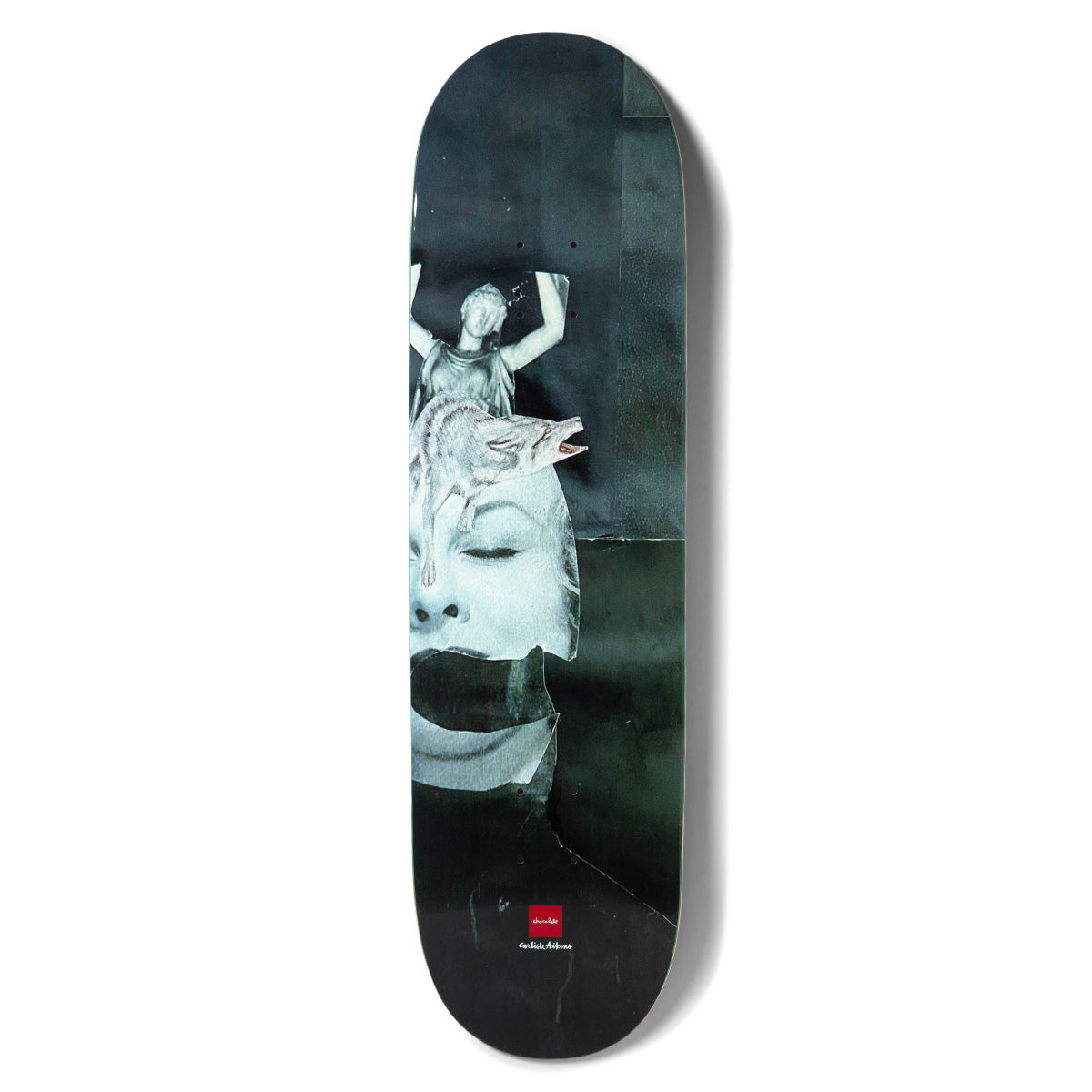 Chocolate Aikens Black & White skateboard deck: Dark teal collage of a classical statue with raised arms, a wolf-like animal and a woman's face with closed eyes, torn and layered in a black and white photographic style. Small red Chocolate logo and signature near the bottom.