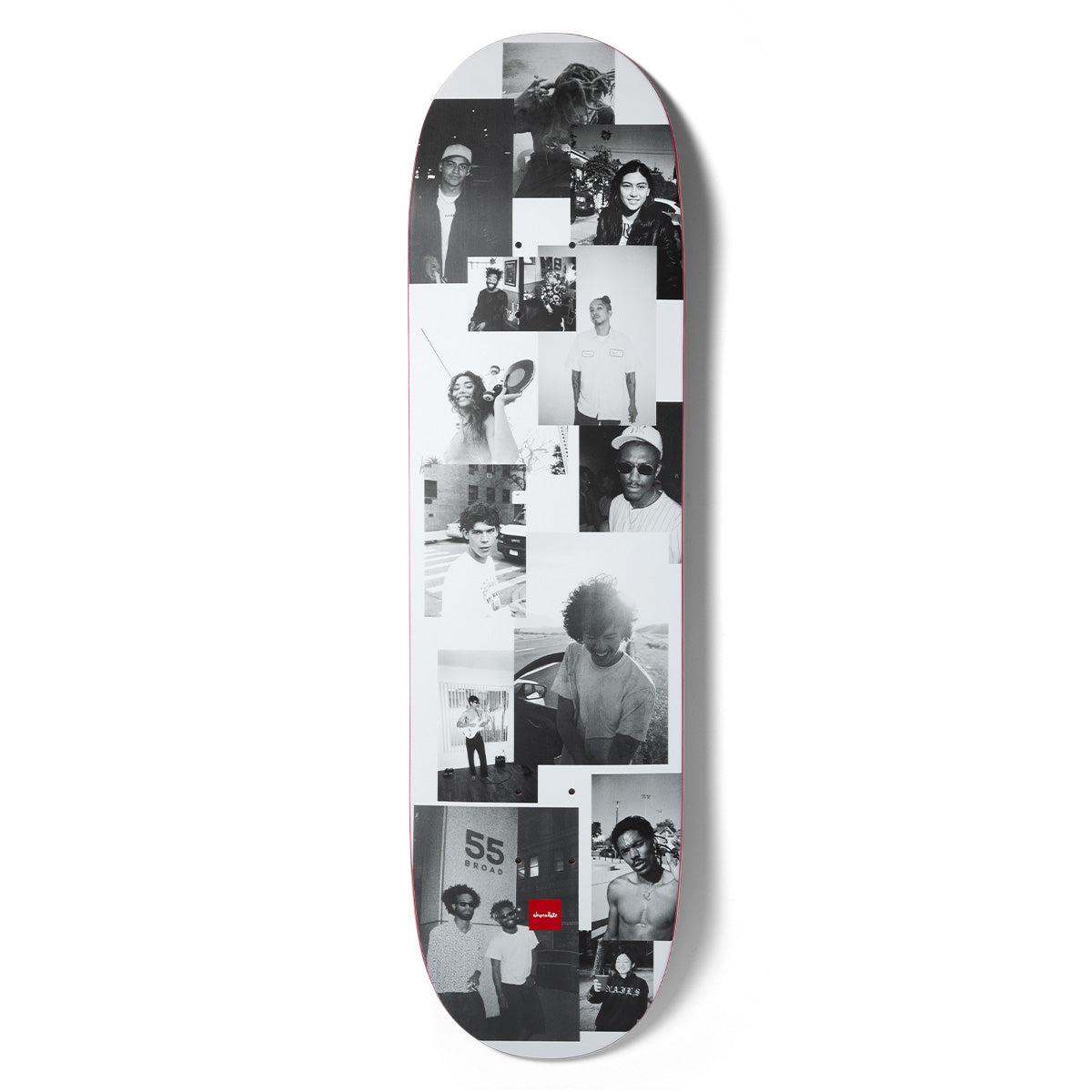 Chocolate Aikens Friends Of Carl skateboard deck: A collage of overlapping black-and-white photographs of people, including portraits and casual snapshots, with a '55 Broad' sign visible near the bottom. A small red Chocolate logo sits at the tail.