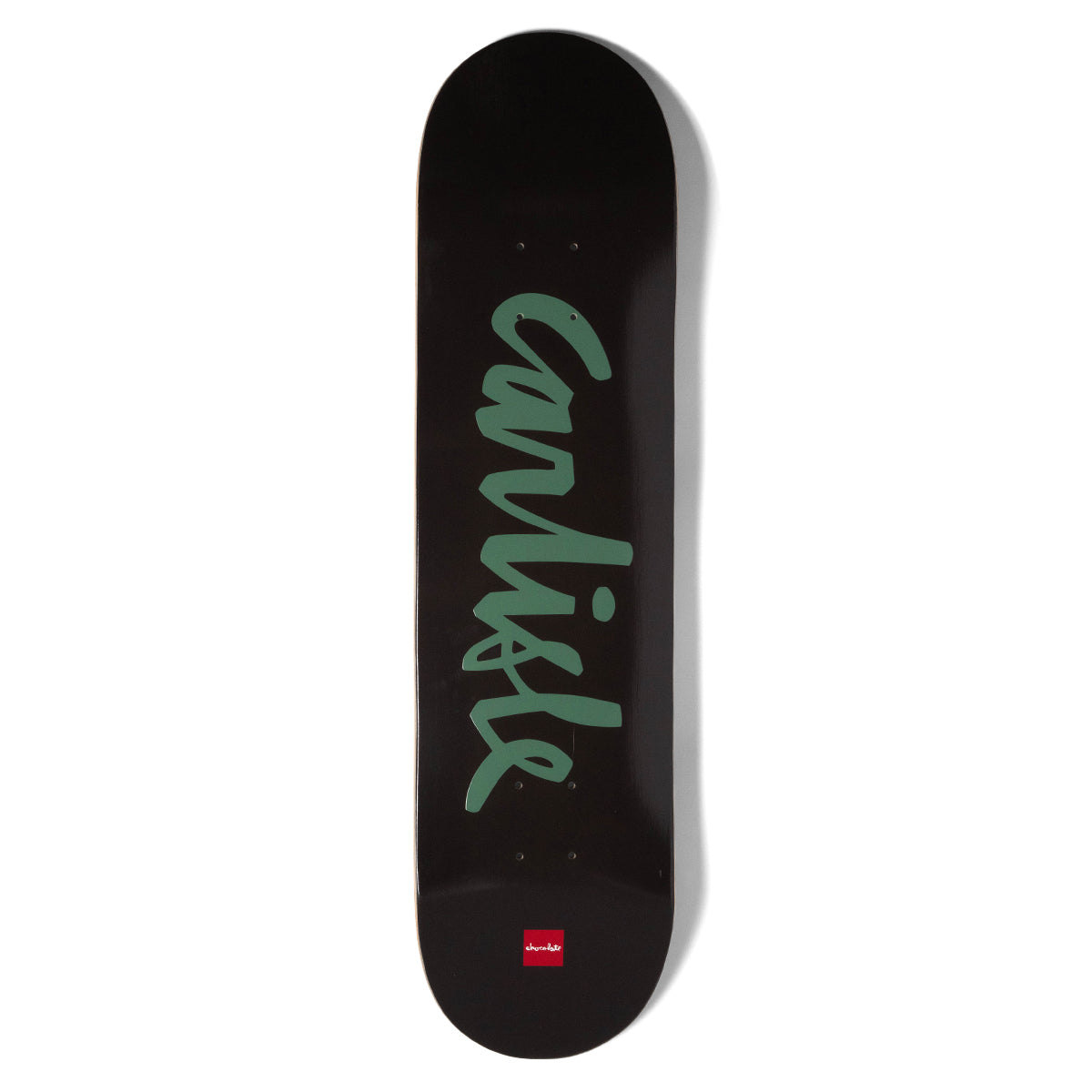 Chocolate Aikens OG Chunk skateboard deck: Dark brown deck with Carlisle written in large green handwritten script down the middle and a small red Chocolate logo at the tail.