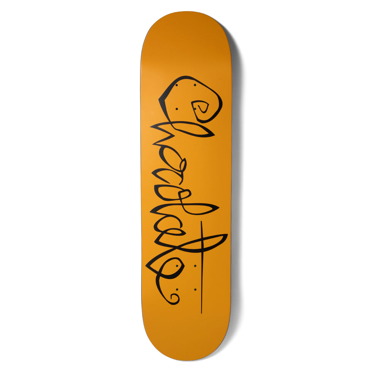 Chocolate Aikens OG Script skateboard deck: Orange deck with the Chocolate name in black looping cursive script running down its length.
