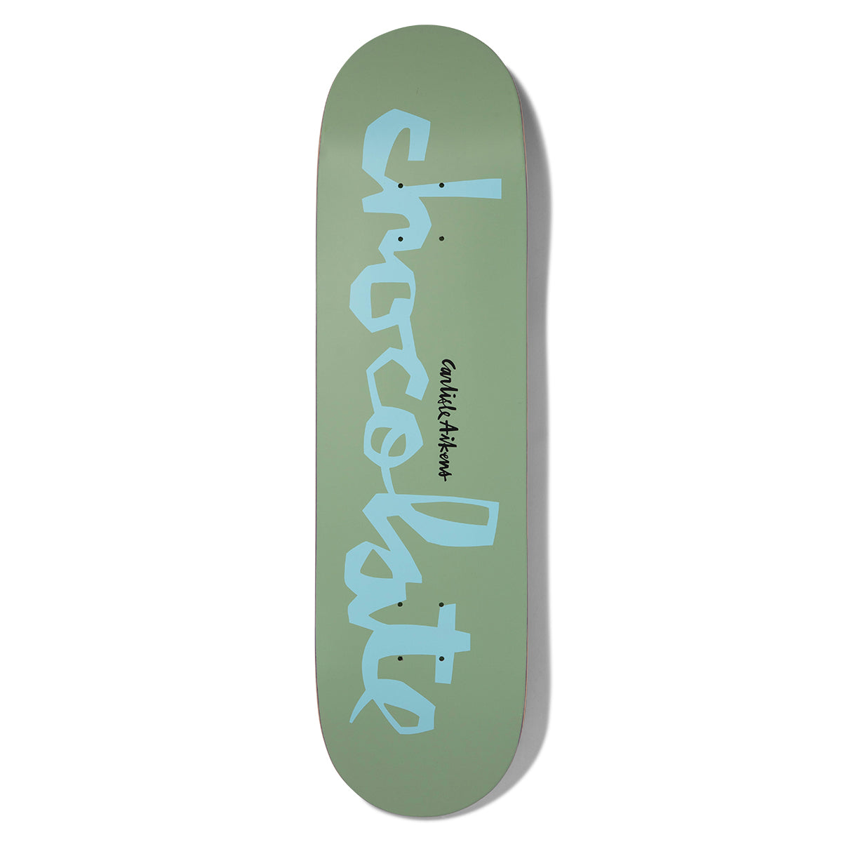 Chocolate Aikens Original Chunk Pop Secret skateboard deck: A large pale blue Chocolate chunk wordmark in blocky hand-cut lettering running down a sage green deck, with a small black Carlisle Aikens signature beside it.
