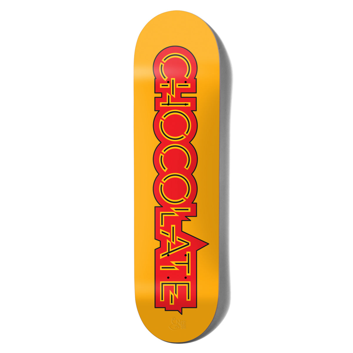 Chocolate Aikens Parliament skateboard deck: The Chocolate name stacked vertically in large red block capitals with a black outline and thin yellow inline detailing, on a plain orange-yellow deck. A small logo sits near the tail.