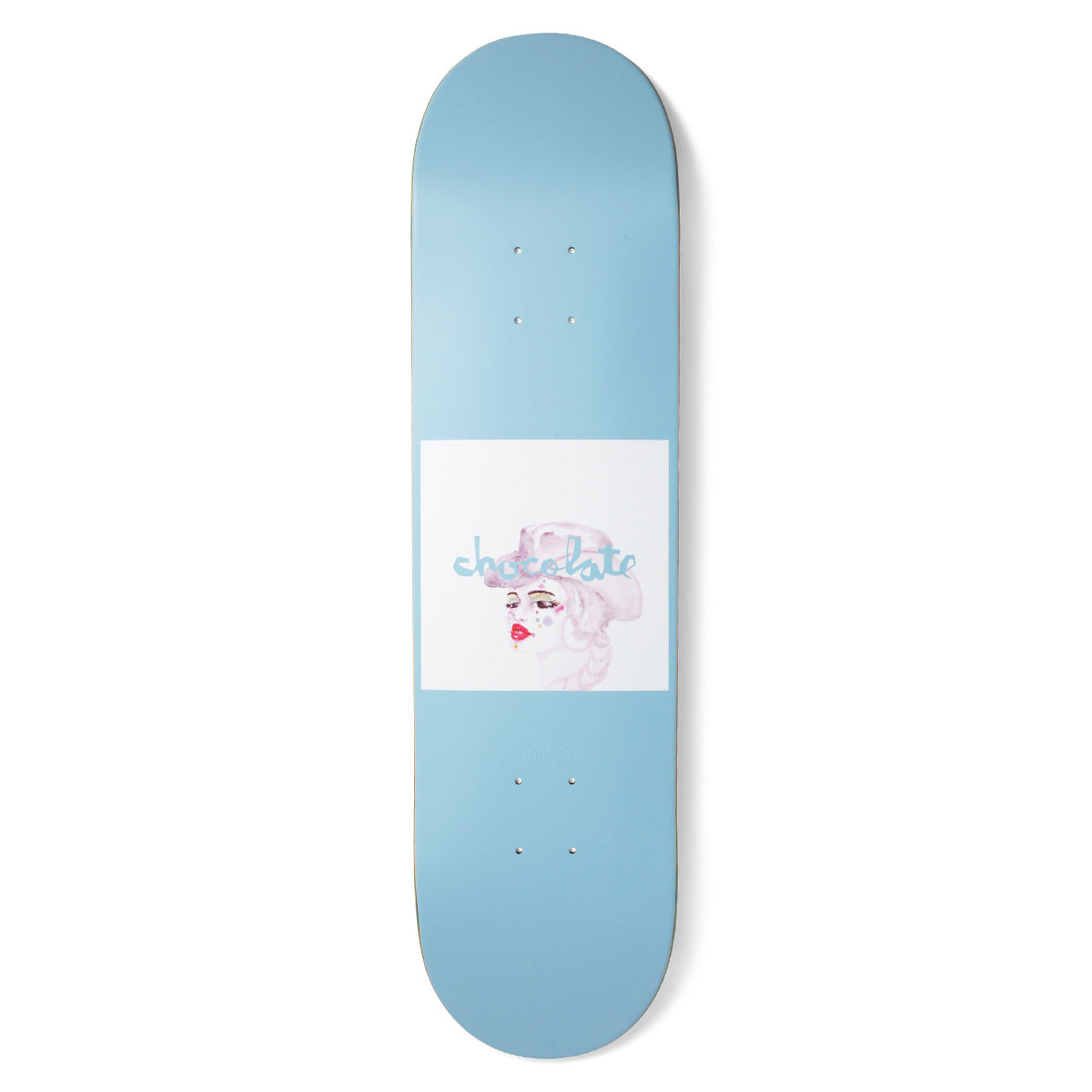 Chocolate Alvarez Dream Rodeo skateboard deck: White square panel in the centre of a pale blue deck, holding a soft watercolour portrait of a woman in a cowboy hat with red lips, with blue Chocolate script across the hat.
