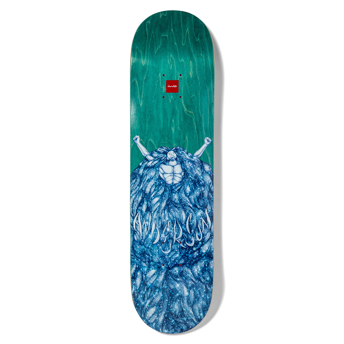 Chocolate Anderson Infinite skateboard deck: Teal stained deck with a muscular figure rising from an enormous mass of long flowing blue hair, arms raised, with the rider's name woven into the hair. Small red Chocolate logo at the top.