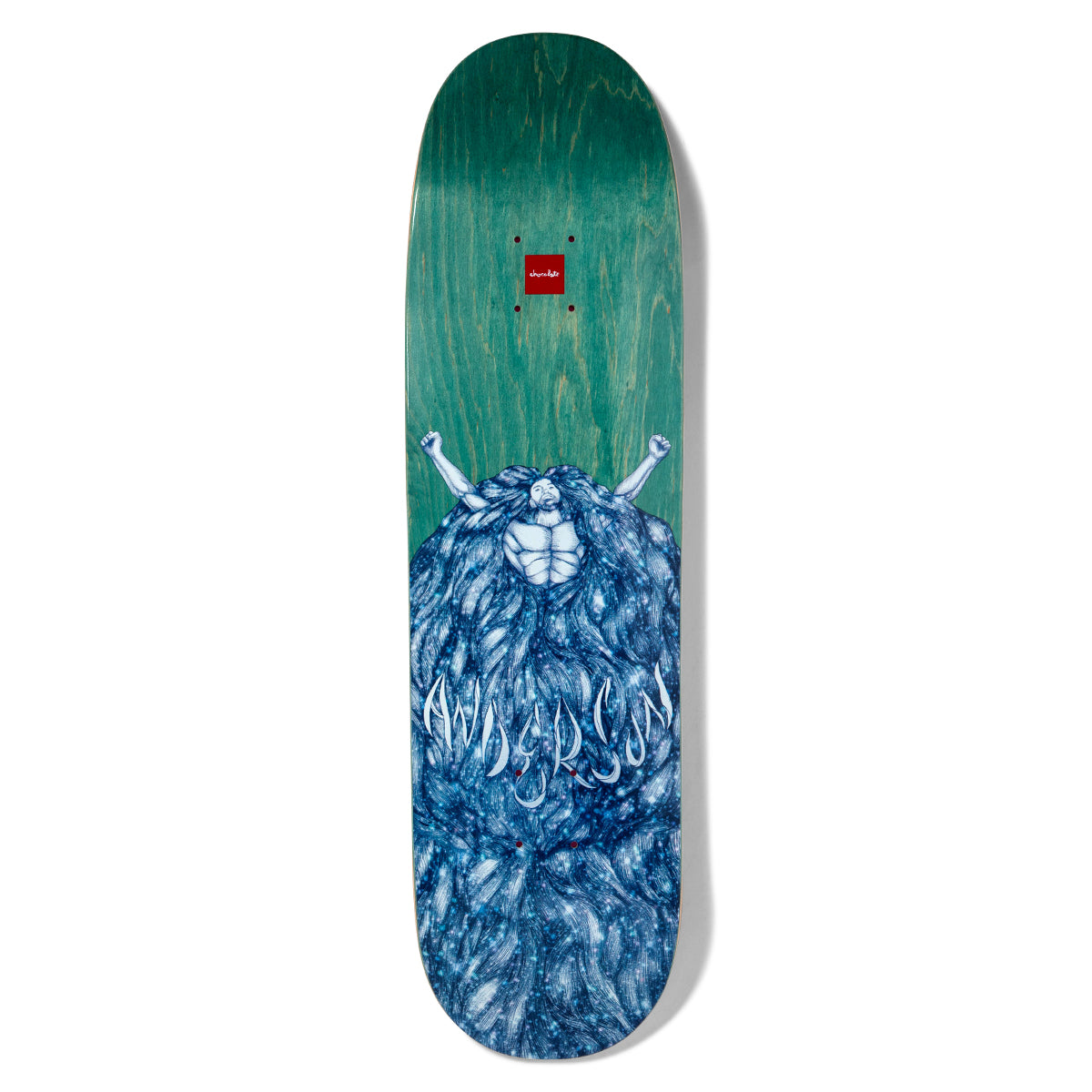 Chocolate Anderson Infinite Skidul skateboard deck: Blue drawn figure with arms raised, rising from a huge mass of flowing long hair that fills the lower deck, with the rider's name in pale lettering across it. Teal wood stain above carries the red Chocolate square.