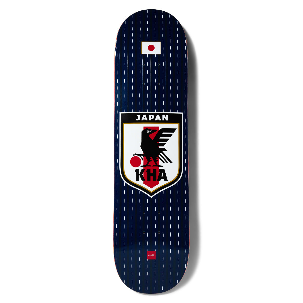 Chocolate Anderson Japan Sakkaa skateboard deck: Navy pinstriped football shirt design with a Japan flag at the top and a shield crest showing a black bird and red sun, labelled Japan, with KHA beneath the bird. Red Chocolate square at the foot.