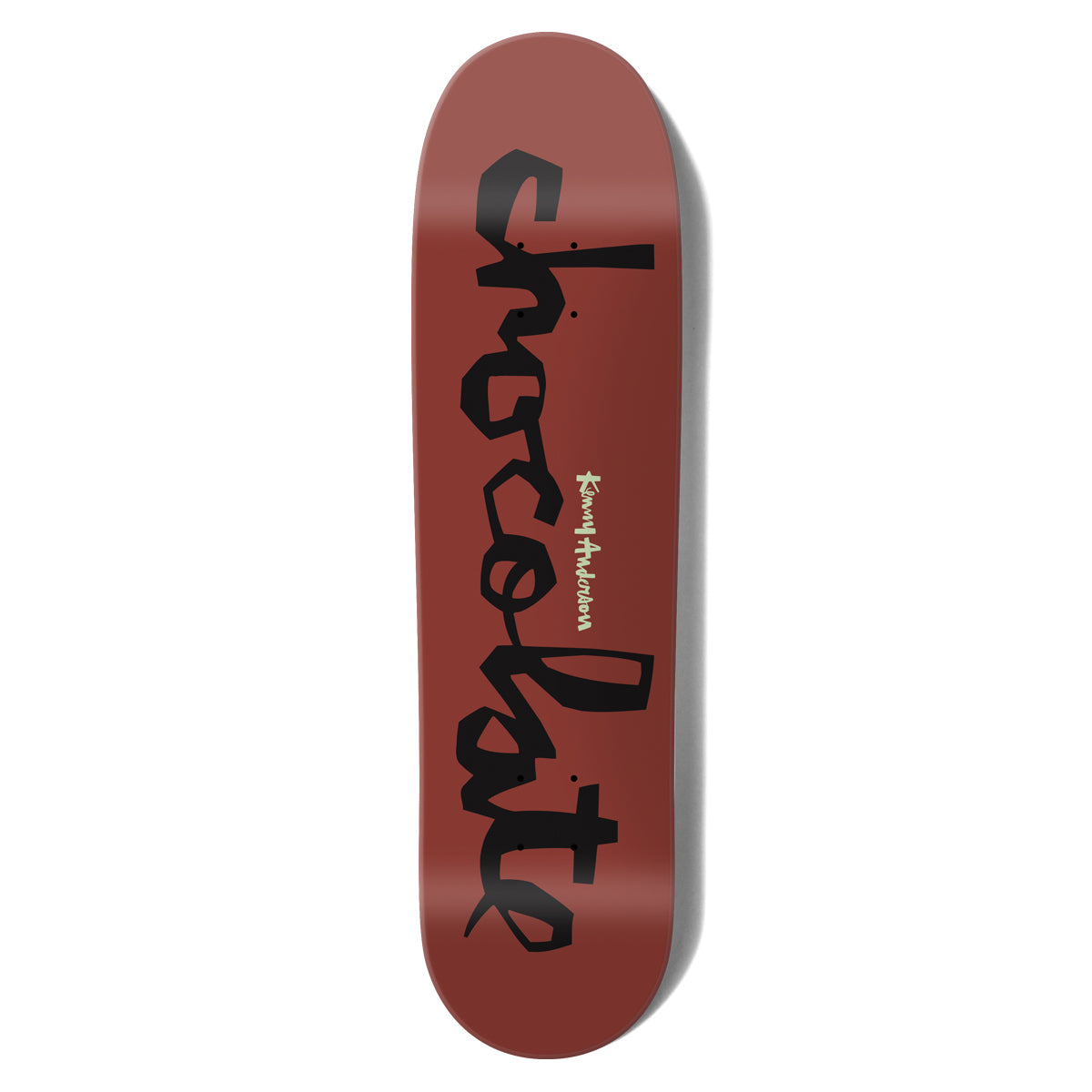 Chocolate Anderson Original Chunk Skidul skateboard deck: A large black Chocolate chunk logo in blocky hand-cut lettering running up a rust-red deck, with the rider name Kenny Anderson in small cream script.
