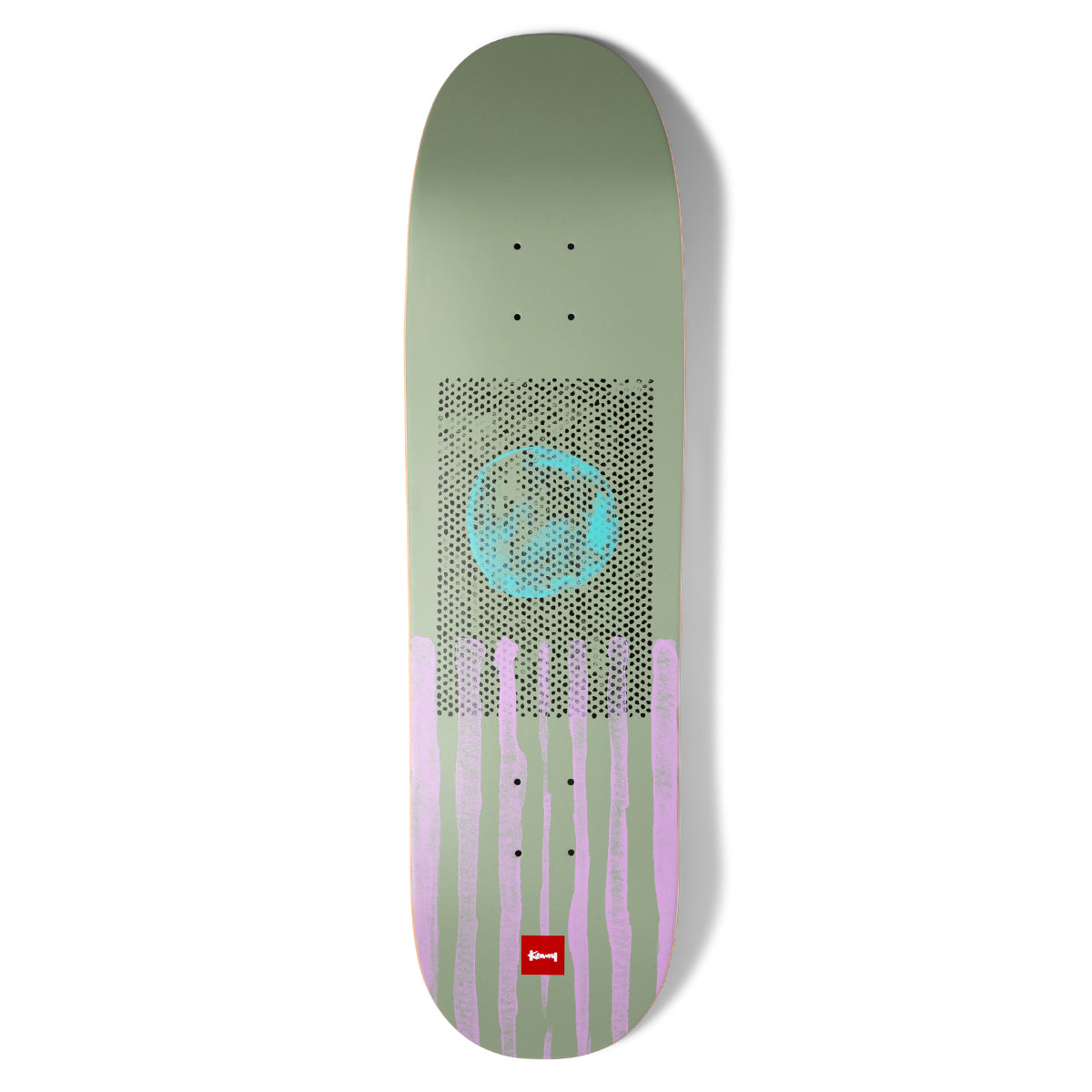 Chocolate Anderson Phaze Deux Skidul skateboard deck: Halftone-dotted square holding a turquoise globe-like circle above vertical lilac paint drips, on a sage green deck. Small red Chocolate logo at the bottom.