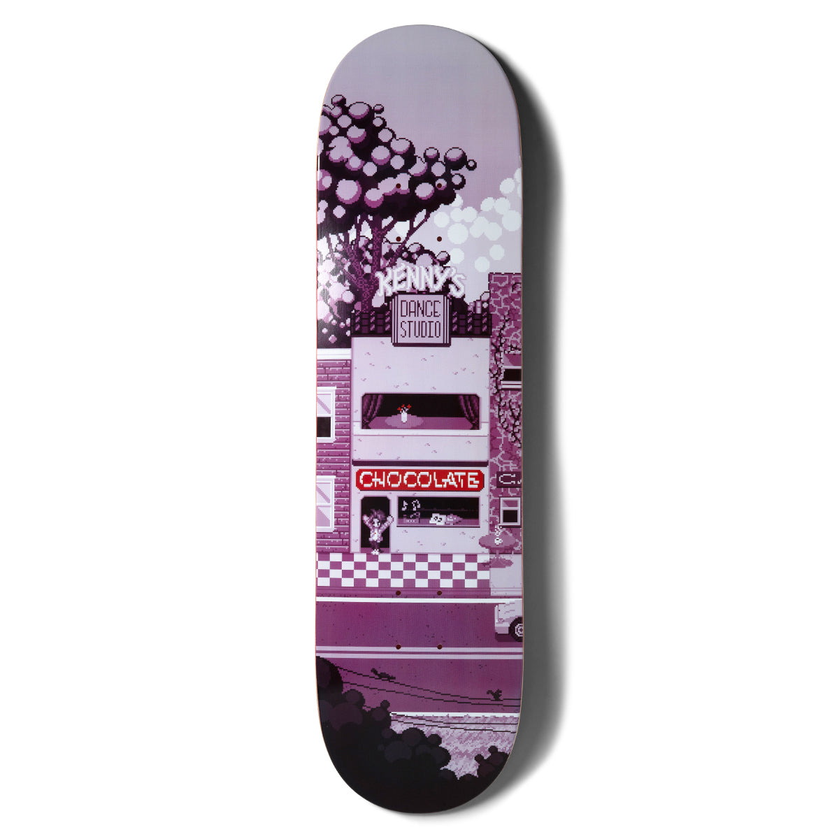 Chocolate Anderson Pixel City skateboard deck: Pixel-art street scene in purple and pink tones showing Kenny's Dance Studio with a red Chocolate sign, a checkerboard frontage, a tree, parked car and power lines.