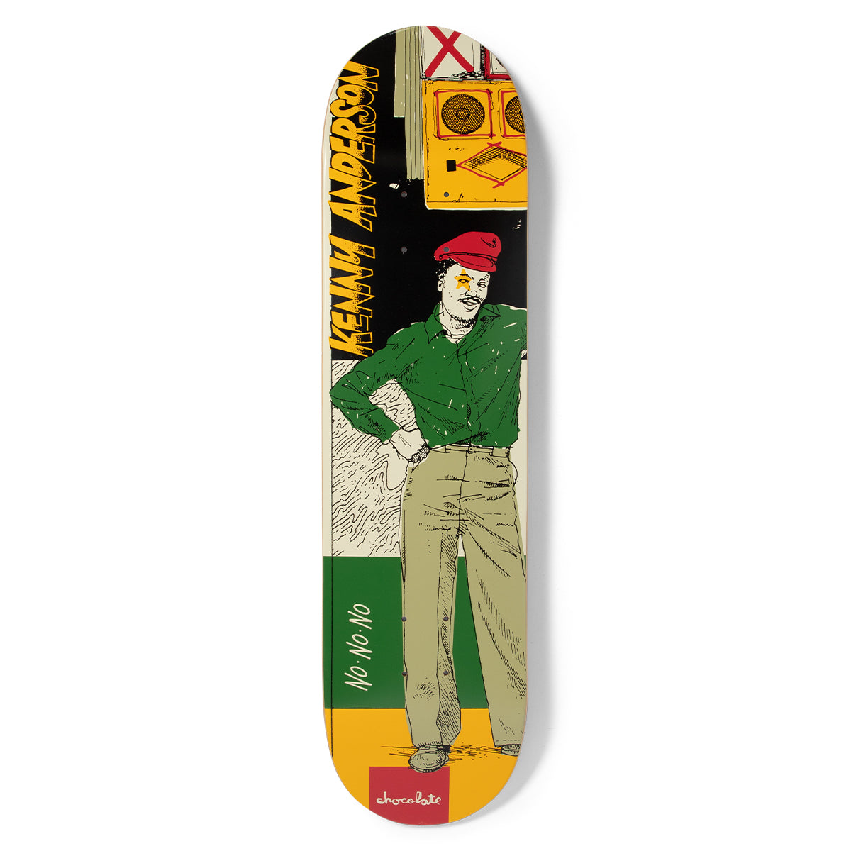 Chocolate Anderson Sound System skateboard deck: An illustrated man in a red beret, green shirt and khaki trousers stands with a hand on his hip in front of stacked speaker cabinets, against colour blocks of black, cream, green and yellow. The rider's name runs up the left in yellow.