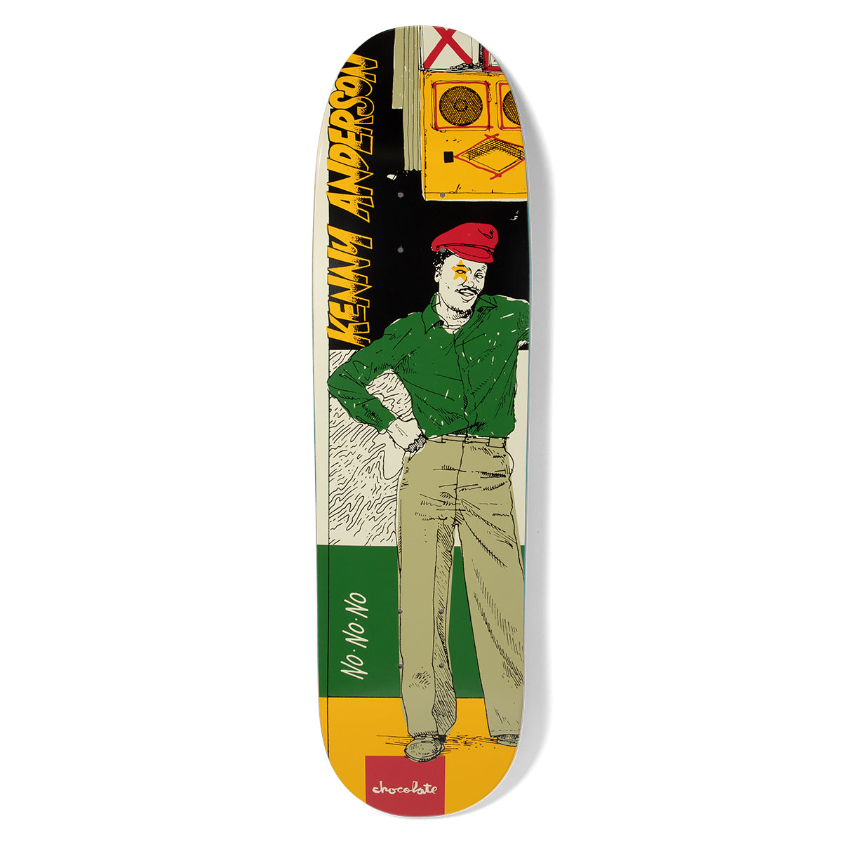 Chocolate Anderson Sound System Skidul skateboard deck: An illustrated man in a red beret, green shirt and khaki trousers stands with a hand on his hip in front of stacked speaker cabinets, against colour blocks of black, cream, green and yellow. The rider's name runs up the left in yellow.