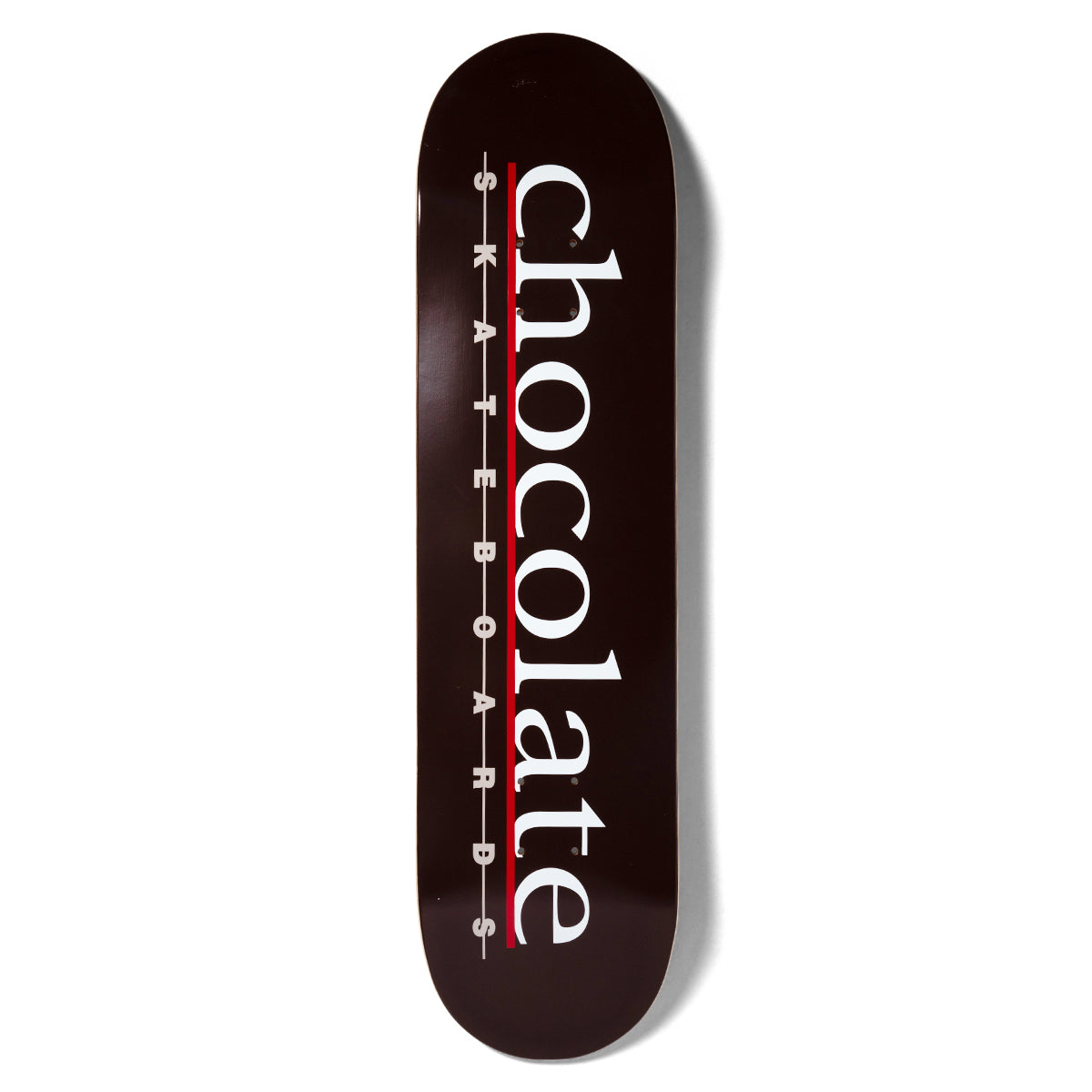 Chocolate Capps Bar Logo skateboard deck: Large white serif 'chocolate' lettering with a red underline and spaced grey 'skateboards' running down a dark chocolate brown deck.