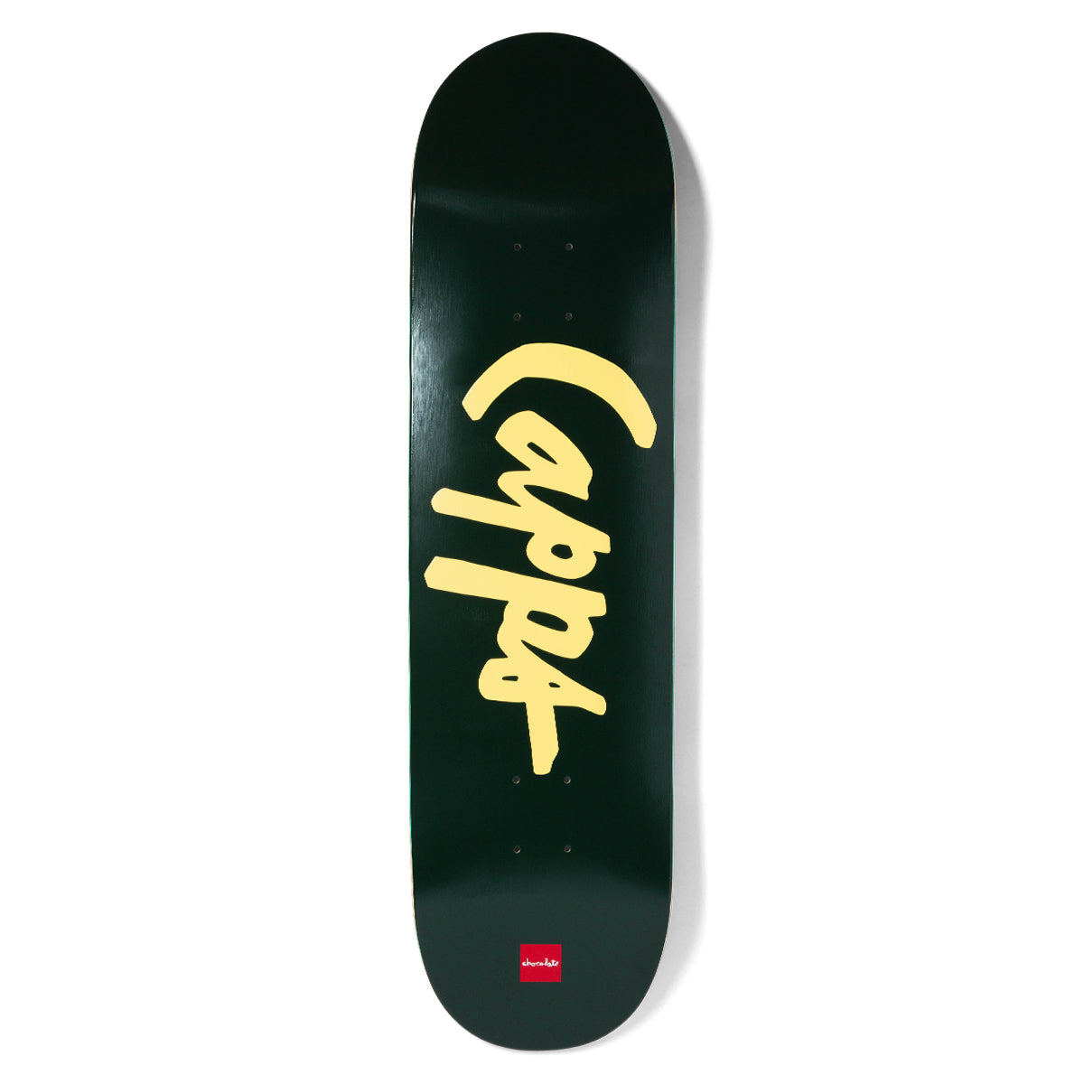 Chocolate Capps OG Chunk skateboard deck: Large pale yellow handwritten Capps lettering running up a dark green deck, with a small red Chocolate logo near the bottom.