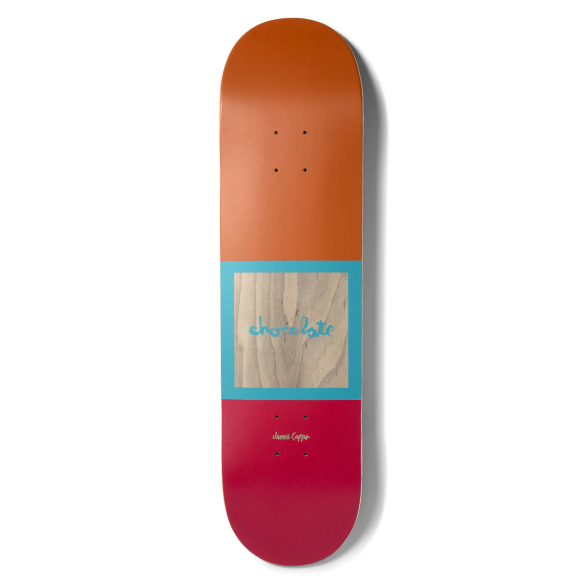 Chocolate Capps OG Square skateboard deck: Colour-blocked deck with an orange top, red bottom and a turquoise square in the middle that frames bare wood showing the turquoise Chocolate logo. Rider signature in small gold lettering below.