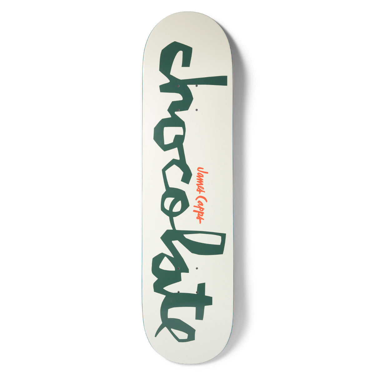 Chocolate Capps Original Chunk skateboard deck: Large dark green hand-cut Chocolate chunk lettering running down a cream deck, with a small orange signature style name reading James Capps in the middle.