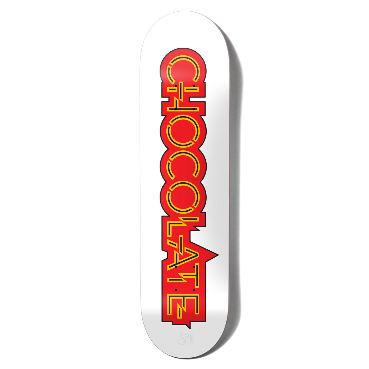 Chocolate Capps Parliament skateboard deck: Large vertical red block-letter Chocolate logo with a yellow inline and black outline, running the length of a white deck, with a small logo near the tail.