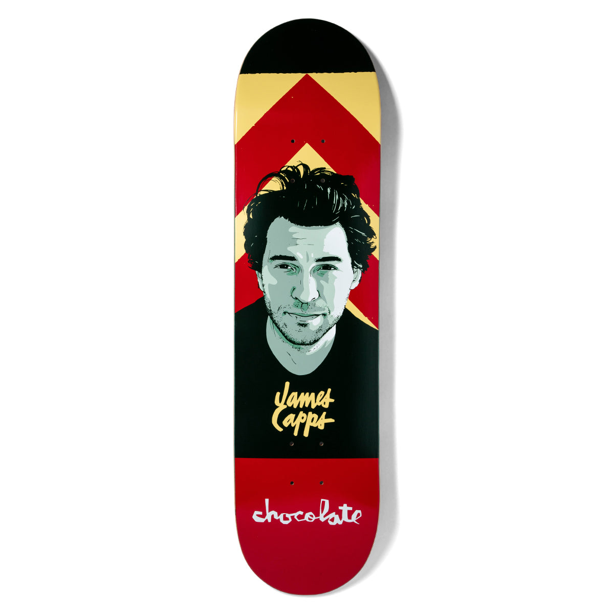Chocolate Capps Portrait skateboard deck: Illustrated portrait of a dark-haired, stubbled man in black against red and yellow chevrons, with 'James Capps' in yellow handwritten lettering and the white Chocolate script logo at the tail.
