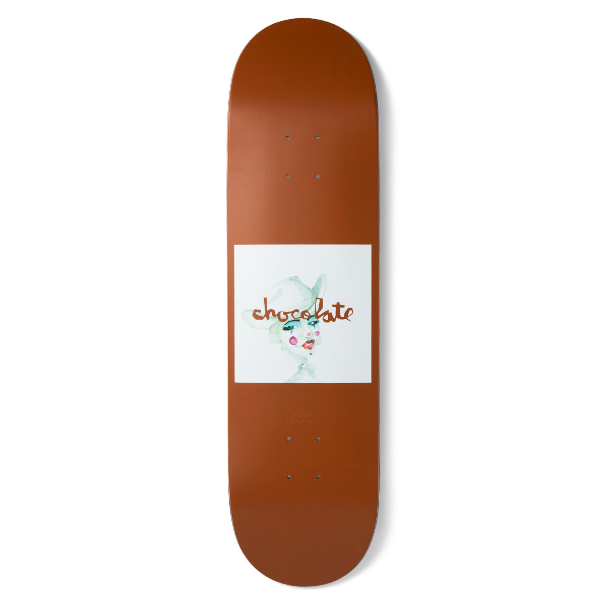 Chocolate Fernandez Dream Rodeo skateboard deck: Rust-brown deck with a white square panel holding a loose watercolour portrait of a woman in a hat with green eye shadow and pink cheeks, with the Chocolate script logo across it.