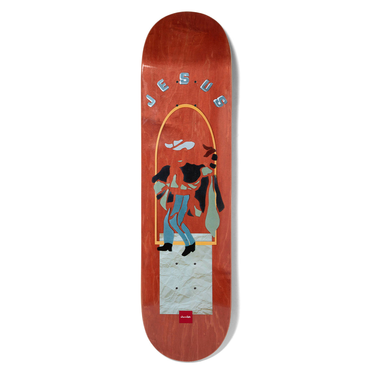 Chocolate Fernandez Paper Dancer skateboard deck: A cut-paper style figure in a cowboy hat, jeans and boots sits on a crumpled paper block inside a gold arch. Metallic blue lettering arcs across the top, on a red wood stain.