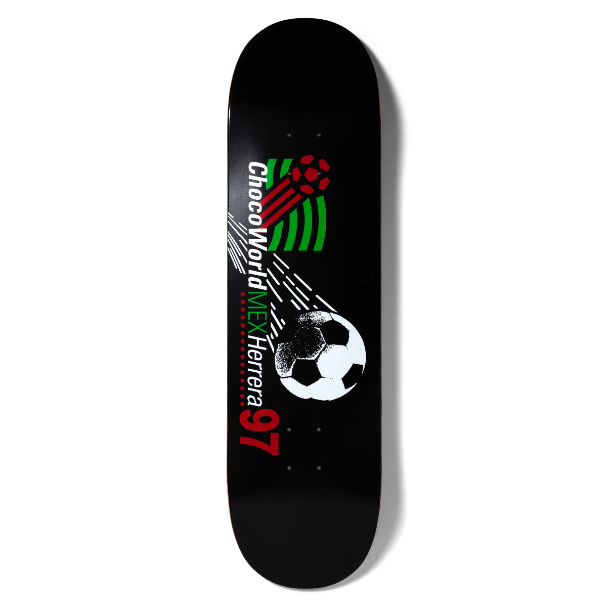 Chocolate Herrera Cup skateboard deck: A football-tournament style design in the manner of a 1990s World Cup poster. A white football with speed lines flies past a green, white and red wave logo and a red ball, with the text running vertically.