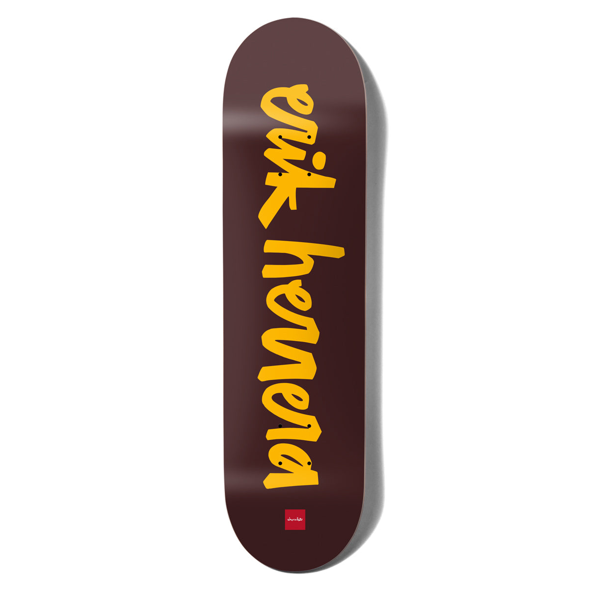 Chocolate Herrera OG Chunk skateboard deck: Rider name in chunky yellow hand-brushed lettering running up a plain chocolate-brown deck, with a small red Chocolate logo at the tail.