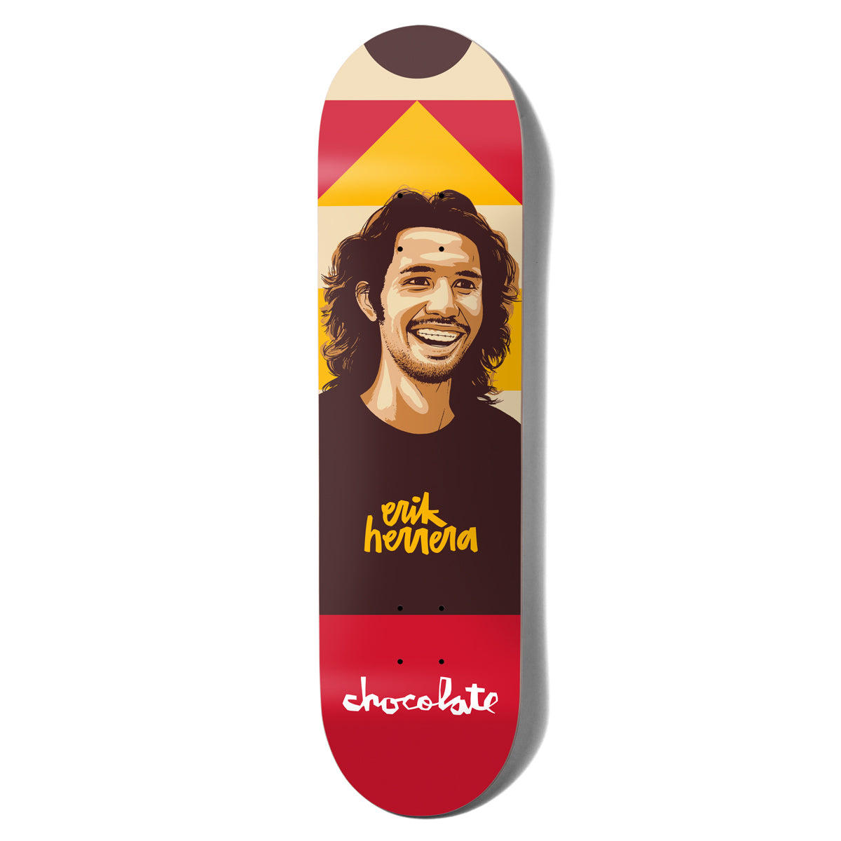 Chocolate Herrera Portrait skateboard deck: A stylised illustrated portrait of a smiling long-haired bearded man in a dark top, set against bands of cream, yellow, red and brown with a triangle shape above. The name is written in yellow brush lettering and the Chocolate logo at the tail.