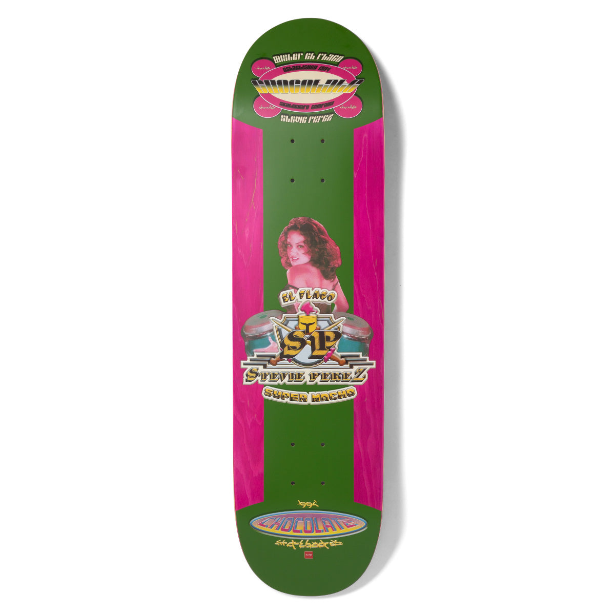 Chocolate Perez Cumbia skateboard deck: Green deck with bright pink side panels, a retro-styled vintage pin-up of a woman with auburn hair over bongo drums and an SP monogram crest. Pink badge with Chocolate logo at the nose and a Chocolate oval at the tail.