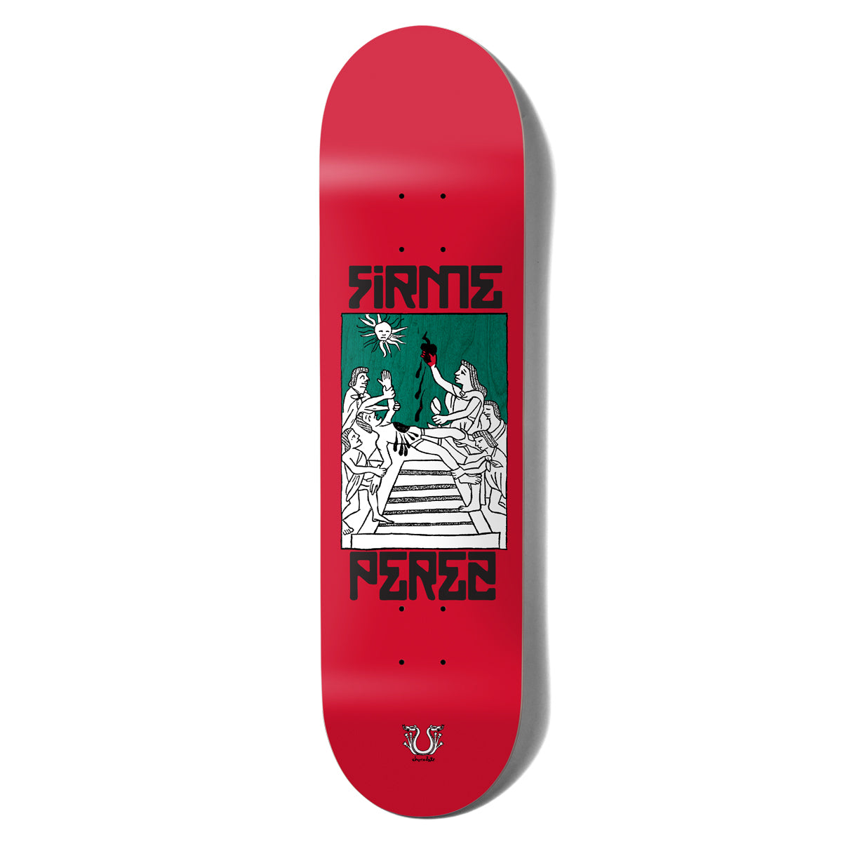 Chocolate Perez Firme skateboard deck: Red deck with a framed black and white codex-style illustration of figures reaching up around a staircase to a raised heart, under a sun in a green sky. Firme and Perez in black angular lettering above and below.