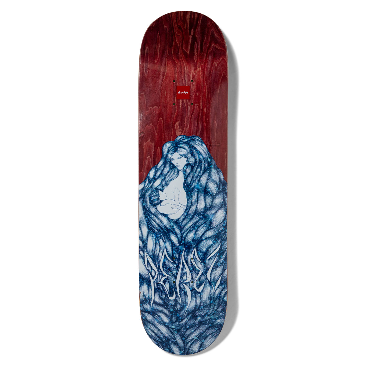 Chocolate Perez Infinite skateboard deck: Blue-toned drawing of a woman with very long flowing hair that wraps around a nursing baby, set against a dark red wood-veneer top. PEREZ is written in tall, spiky letters across the bottom.