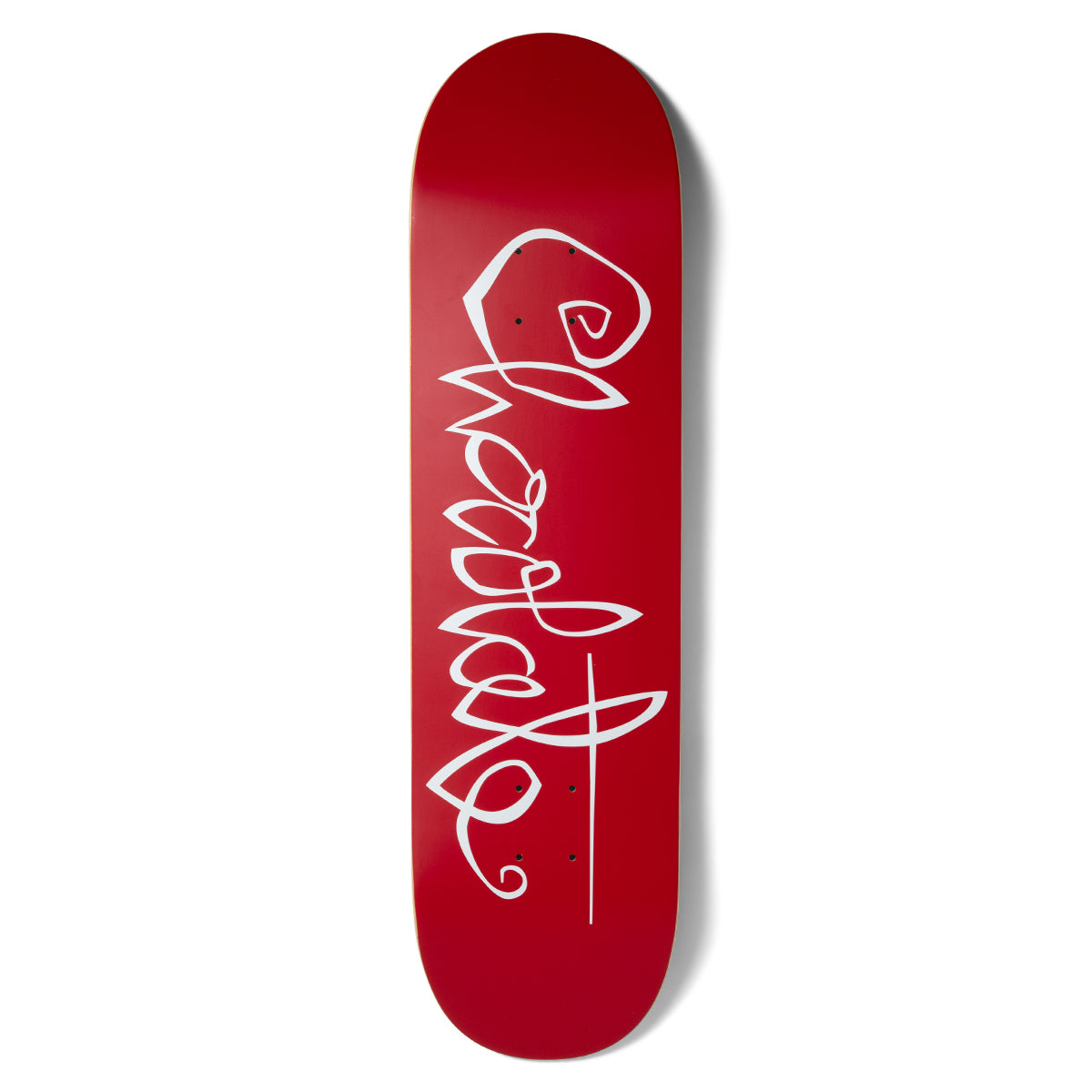 Chocolate Perez OG Script skateboard deck: A red board with the Chocolate name in a loose, looping white handwritten script running up the board, with an underline stroke at the tail.