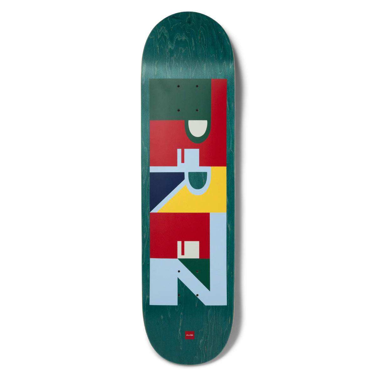 Chocolate Perez Oners skateboard deck: Blocky geometric colour-block panels in red, dark green, yellow, navy and light blue, with the letters of the rider's surname built into the shapes down the deck, on a teal-stained wood veneer. Small Chocolate logo at the tail.