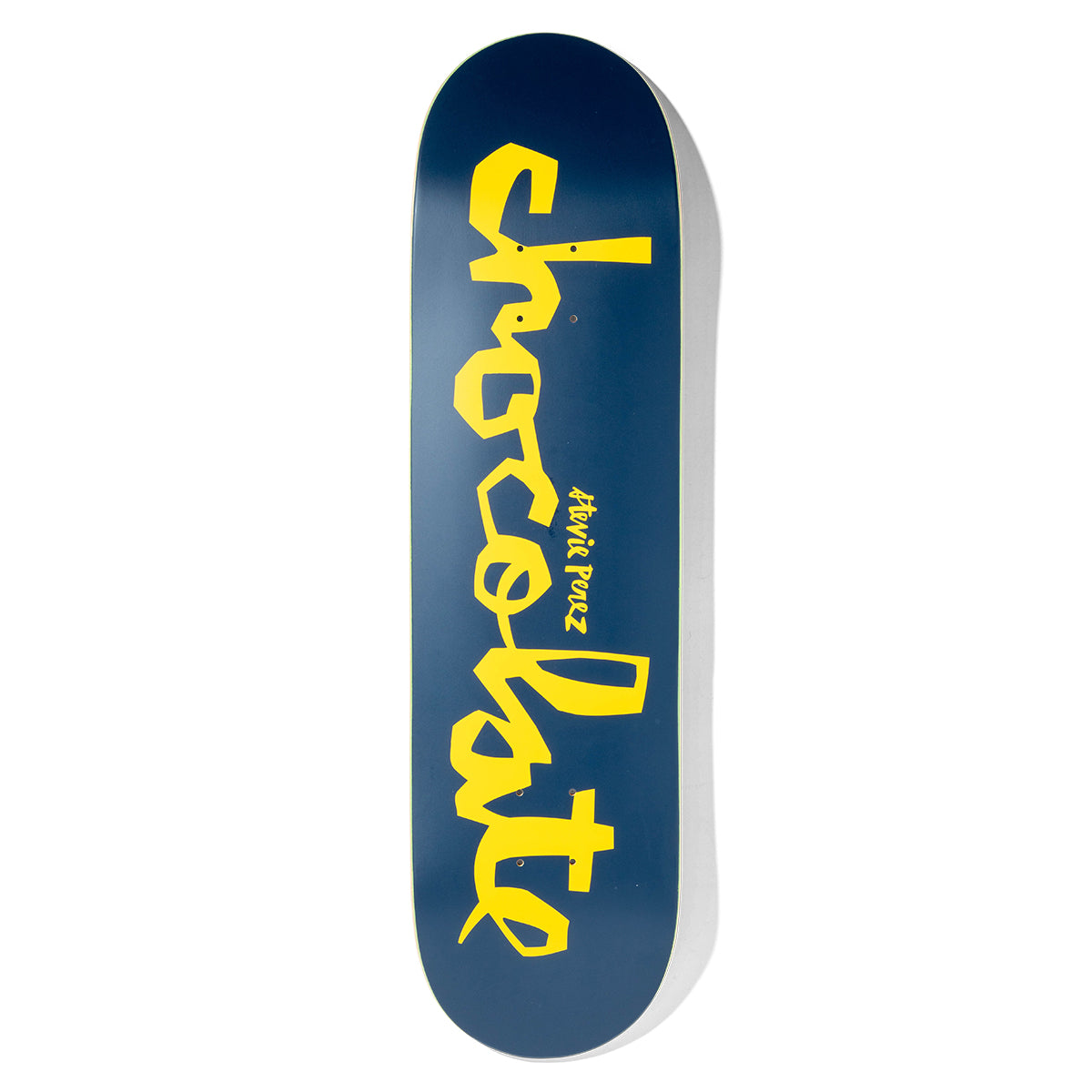 Chocolate Perez Original Chunk Pop Secret skateboard deck: Large yellow Chocolate logo in chunky hand-cut letters running the length of a navy deck, with the rider's name in small yellow handwriting beside it.