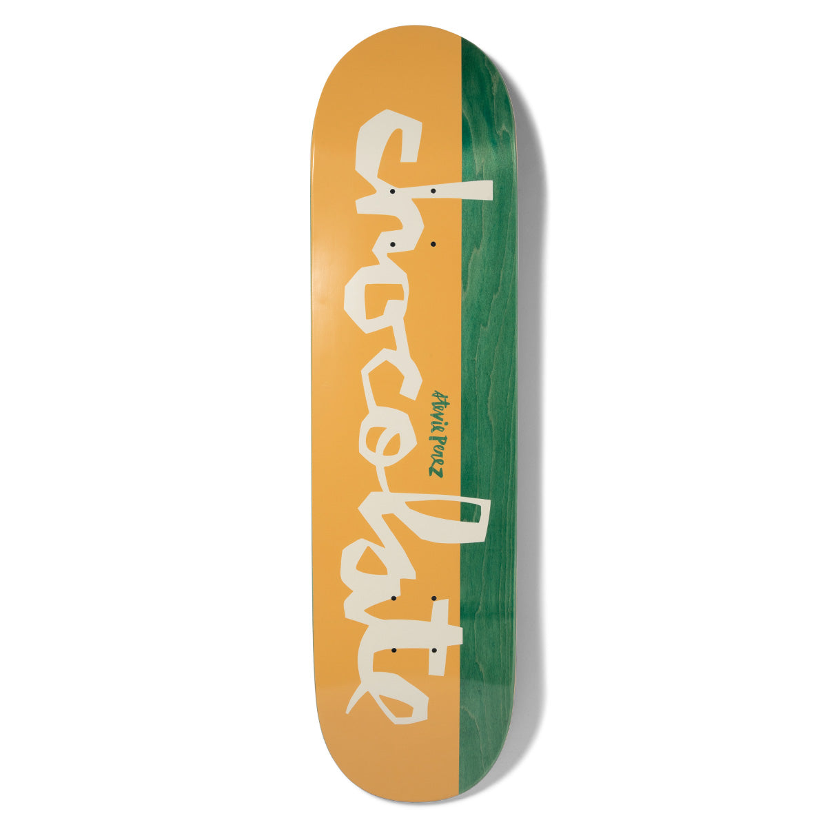 Chocolate Perez Original Chunk skateboard deck: Cream Chunk logo lettering reading chocolate running down a split deck, orange on the left and green wood stain on the right, with a small green signature-style rider name.