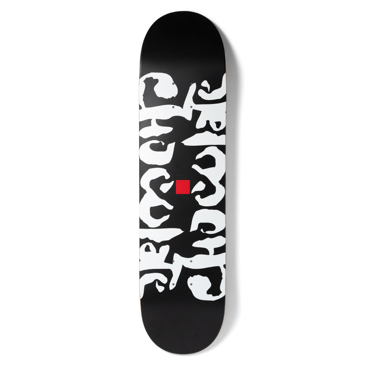 Chocolate Roberts Ink Blot Twin Tip skateboard deck: Mirrored white ink-blot shapes forming symmetrical abstract patterns up the middle of a black deck, with a small red Chocolate square at the centre.