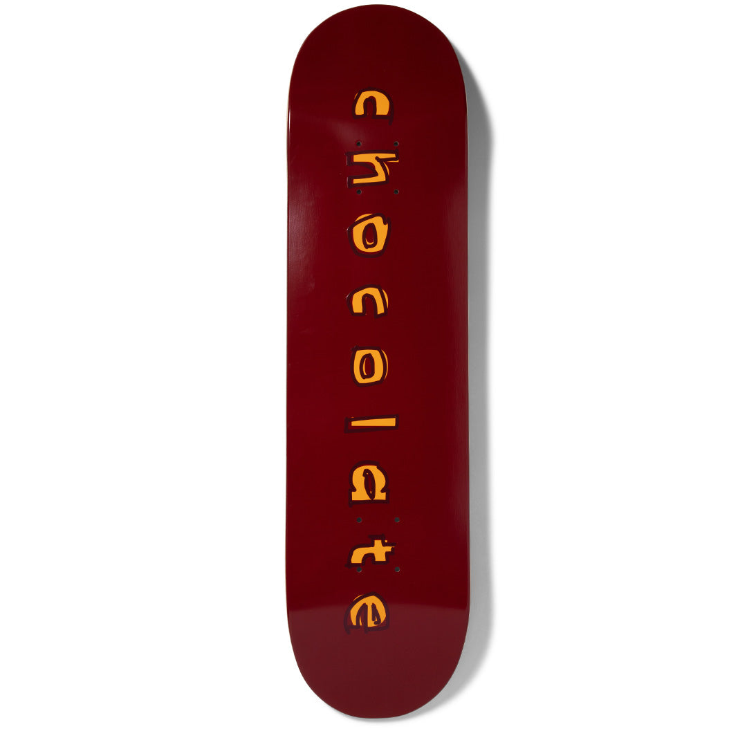 Chocolate Aikens Comic skateboard deck: Chocolate spelt out one letter at a time in rough orange comic-style lettering with dark outlines, running down a plain maroon deck.