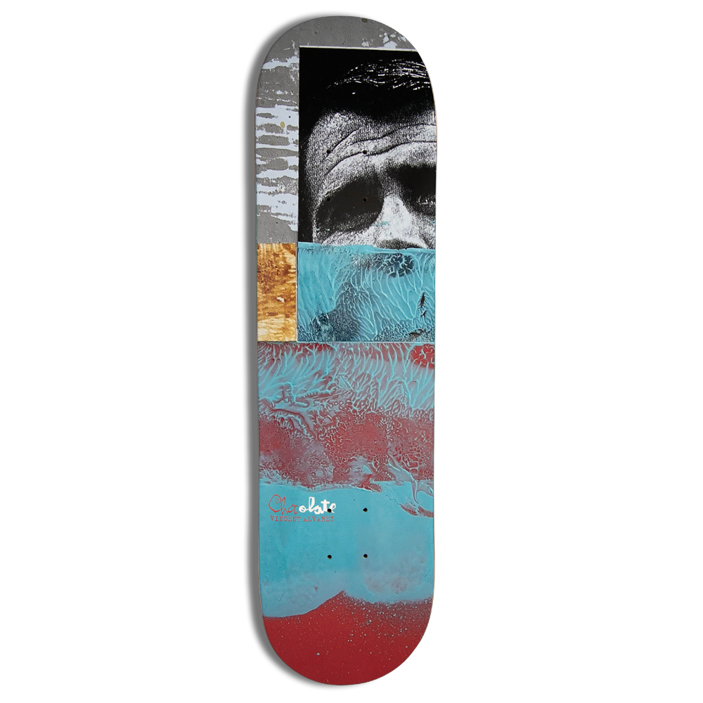 Chocolate Alvarez Lost Singles skateboard deck: Abstract collage of blocks: a grainy black and white close-up of a face at the top, marbled turquoise and red paint textures, and patches of grey and wood grain. Chocolate script logo near the tail.