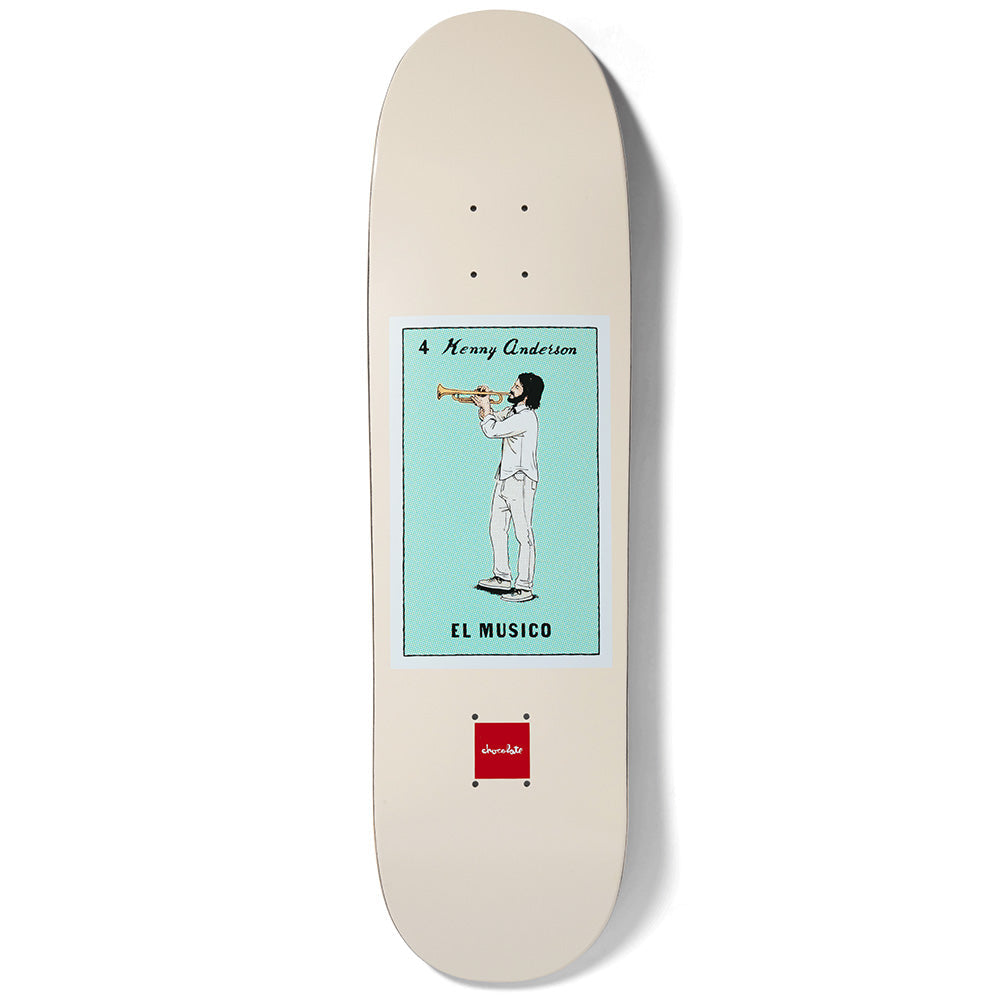 Chocolate Anderson Loteria skateboard deck: A Loteria-style card on a cream deck showing a bearded man in white clothes playing a trumpet against a mint green background. Card number and name above, caption below, small red Chocolate logo near the tail.