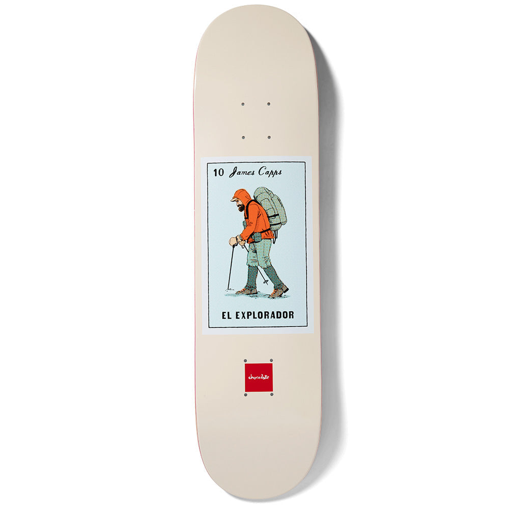 Chocolate Capps Loteria skateboard deck: A Loteria-style card on a cream deck showing a bearded hiker in an orange jacket with a large backpack and walking poles. The card is numbered and captioned, with a small red Chocolate logo below.