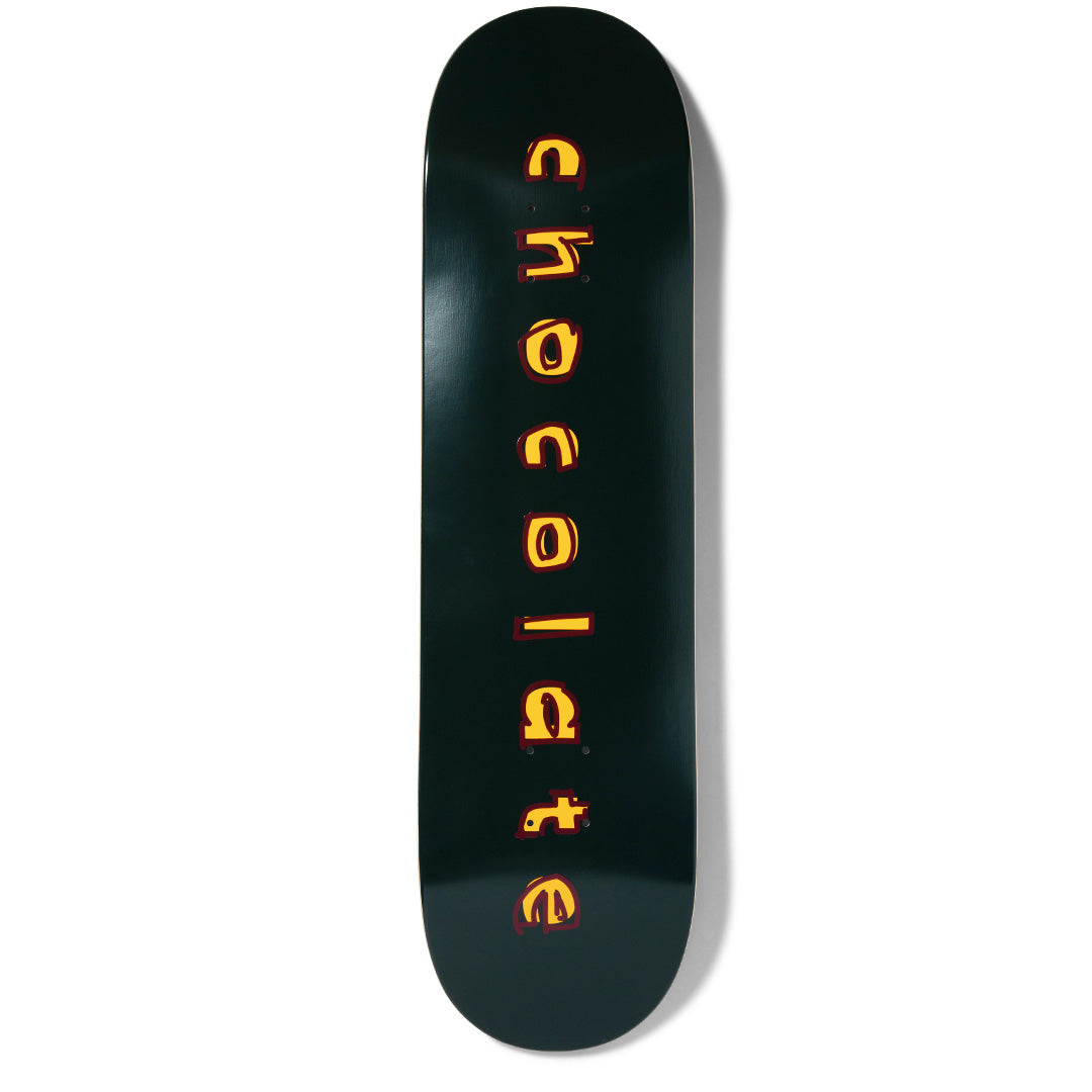 Crailtap Herrera Comic skateboard deck: Dark green deck with the word chocolate in rough, wobbly yellow letters with red shadows, stacked vertically down the centre.
