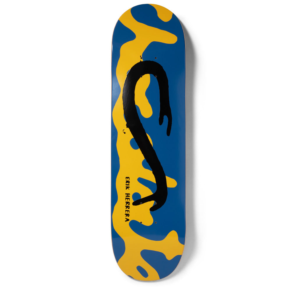 Chocolate Herrera Drips skateboard deck: Large black dripping brush stroke curling in an S-shape over blue and yellow splotchy shapes. ERIK HERRERA in small black capitals at the lower left.